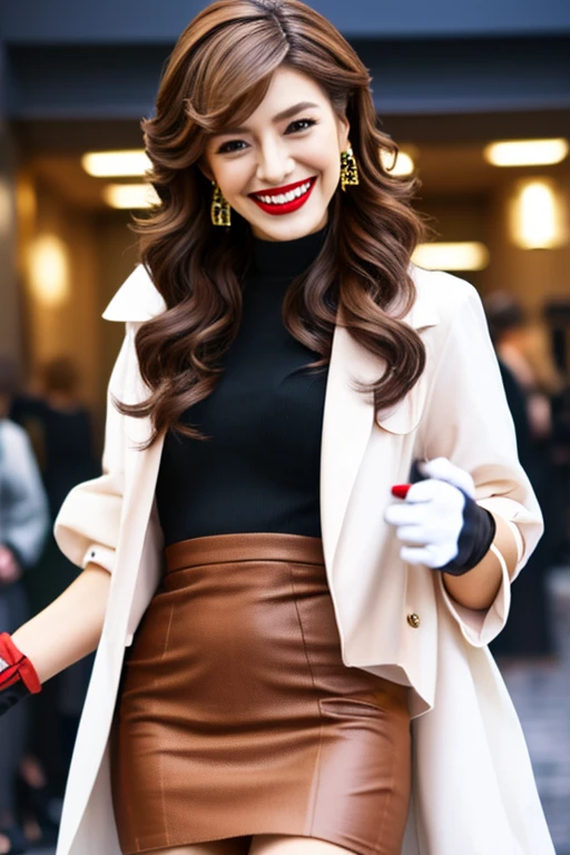 1girl, long hair, smile, skirt, brown hair, black hair, gloves, 1boy, jewelry, earrings, grin, high heels, makeup, lipstick, labcoat, syringe, scissors