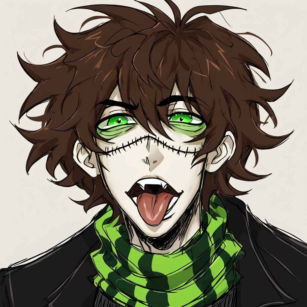 1man,mature male,  stitches, scarf,  coat, halfbody, grunge, sketchy lines, messy hair, green eyes, evil, brown hair, open mouth, tongue , front 