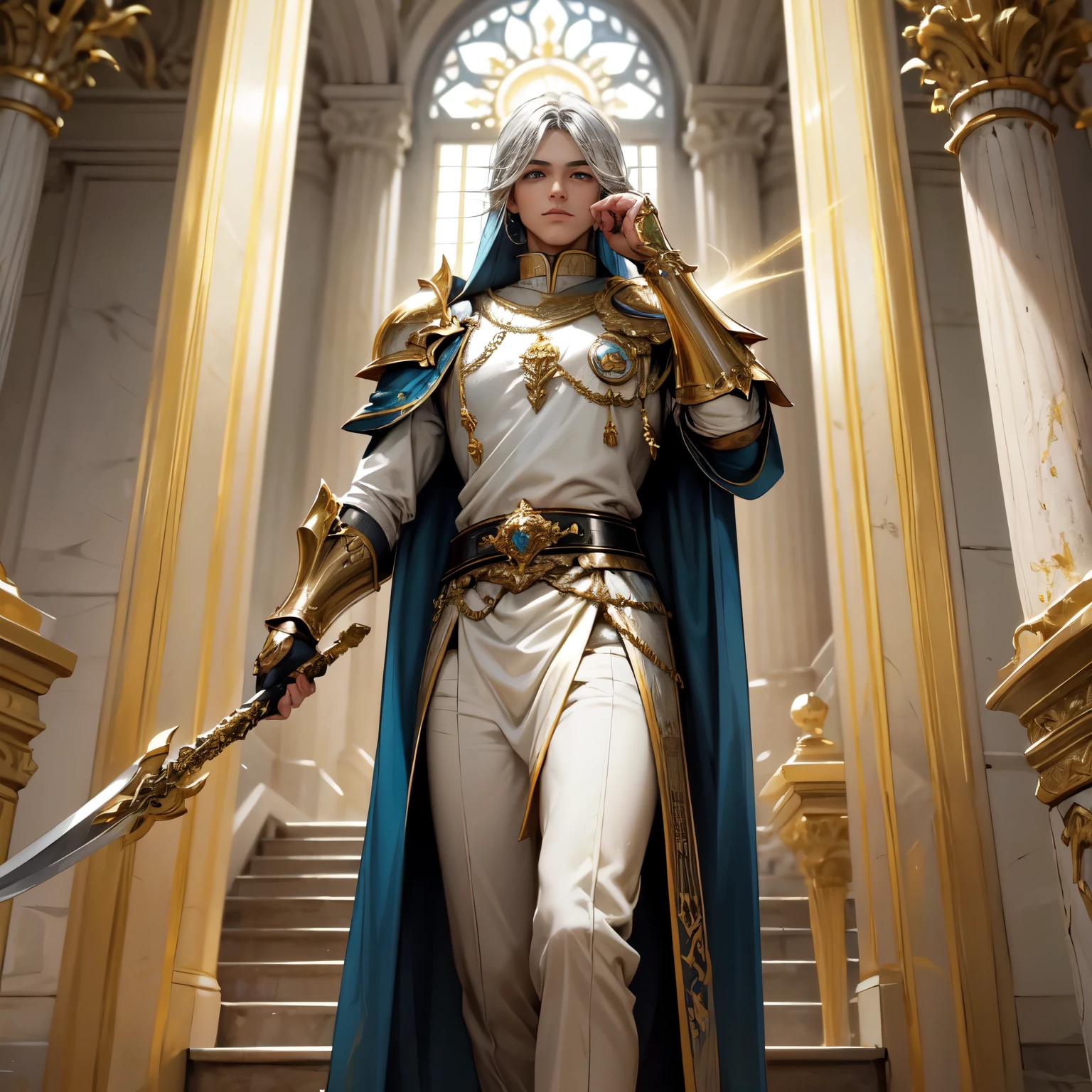 Crie uma imagem digital ultra HD de 8K de um nobre cavaleiro sagrado do rei. Ele tem cabelos castanhos escuros, curtos e bem cuidados, e olhos azuis profundos. His armor is shining silver, adorned with gold details and royal insignia. Uma capa azul real com bordados dourados desce de seus ombros. Na escadaria real, o cavaleiro empunha a Espada de Zeus. The sword is made of celestial gold and emits golden rays, with divine inscriptions along the blade that shine brightly. The hilt of the sword is adorned with small rays and lightning., simbolizando seu poder supremo. Ele segura a espada em uma pose de descida, Ready to move forward, while electric sparks dance around you. The Sword of Zeus is known for its ability to control thunder and lightning, e uma aura de poder divino emana dela. The royal staircase is grand, made of white marble with carved gold handrails. Grandes janelas com vitrais iluminam a escadaria com luzes coloridas. Lustres pendem do teto, casting a soft glow upon the marble steps. The image must capture the majesty and elegance of the royal staircase, highlighting the knight&#39;s interaction with the Sword of Zeus.
