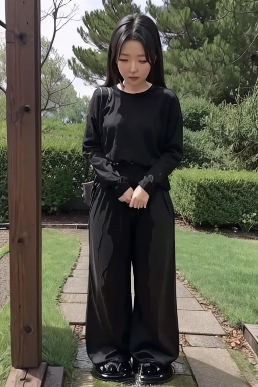 Japanese Girl sees the ghost and pees her black palazzo pants until her pants are wet in fright.