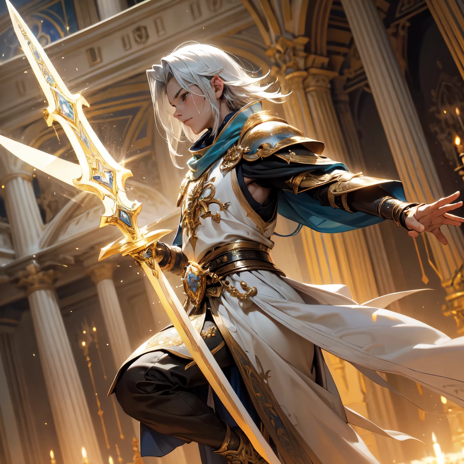 Crie uma imagem digital ultra HD de 8K de um nobre cavaleiro sagrado do rei. Ele tem cabelos castanhos escuros, curtos e bem cuidados, e olhos azuis profundos. His armor is shining silver, adorned with gold details and royal insignia. Uma capa azul real com bordados dourados desce de seus ombros. In the hall of magical arts, o cavaleiro empunha a Espada de Zeus. The sword is made of celestial gold and emits golden rays, with divine inscriptions along the blade that shine brightly. The hilt of the sword is adorned with small rays and lightning., simbolizando seu poder supremo. He holds the sword in a pose of concentration, pronto para canalizar seu poder, while electric sparks dance around you. The Sword of Zeus is known for its ability to control thunder and lightning, e uma aura de poder divino emana dela. The hall of magical arts is mystical, with shelves filled with ancient books and magical artifacts. Glowing globes and arcane symbols float in the air, and the environment is lit by magical candles that cast an ethereal light. The image should capture the magic and mystery of the room, highlighting the knight&#39;s interaction with the Sword of Zeus.
