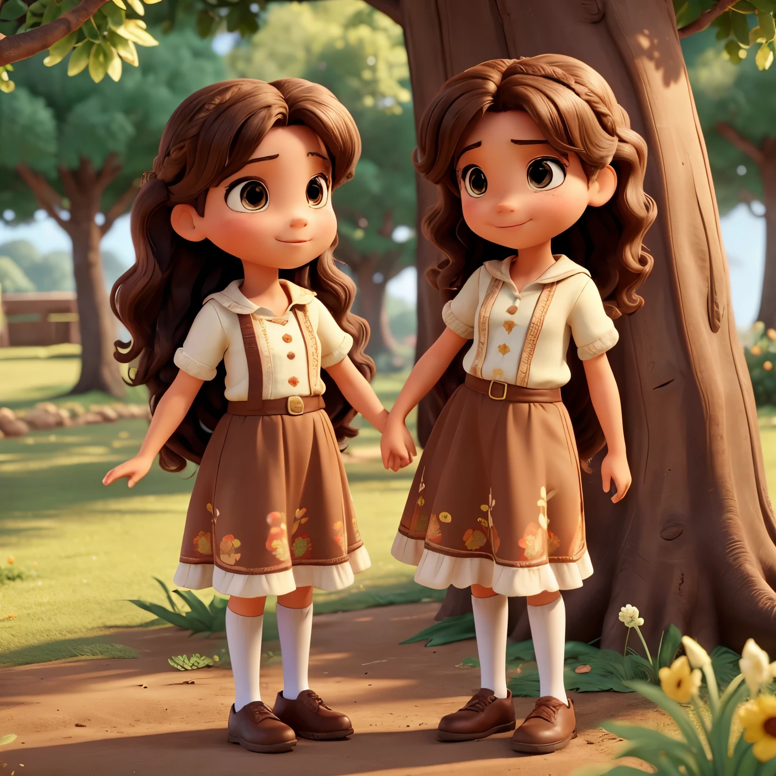 raise two twin girls, no estilo disney pixar, latina, Caucasian woman with medium wavy light brown hair playing outdoors in a tree landscape with her mother, com roupas da cidade