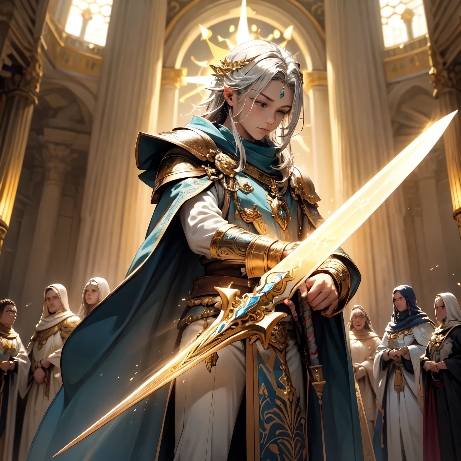 Crie uma imagem digital ultra HD de 8K de um nobre cavaleiro sagrado do rei. Ele tem cabelos castanhos escuros, curtos e bem cuidados, e olhos azuis profundos. His armor is shining silver, adorned with gold details and royal insignia. Uma capa azul real com bordados dourados desce de seus ombros. In the hall of magical arts, o cavaleiro empunha a Espada de Zeus. The sword is made of celestial gold and emits golden rays, with divine inscriptions along the blade that shine brightly. The hilt of the sword is adorned with small rays and lightning., simbolizando seu poder supremo. He holds the sword in a pose of concentration, pronto para canalizar seu poder, while electric sparks dance around you. The Sword of Zeus is known for its ability to control thunder and lightning, e uma aura de poder divino emana dela. The hall of magical arts is mystical, with shelves filled with ancient books and magical artifacts. Glowing globes and arcane symbols float in the air, and the environment is lit by magical candles that cast an ethereal light. The image should capture the magic and mystery of the room, highlighting the knight&#39;s interaction with the Sword of Zeus.