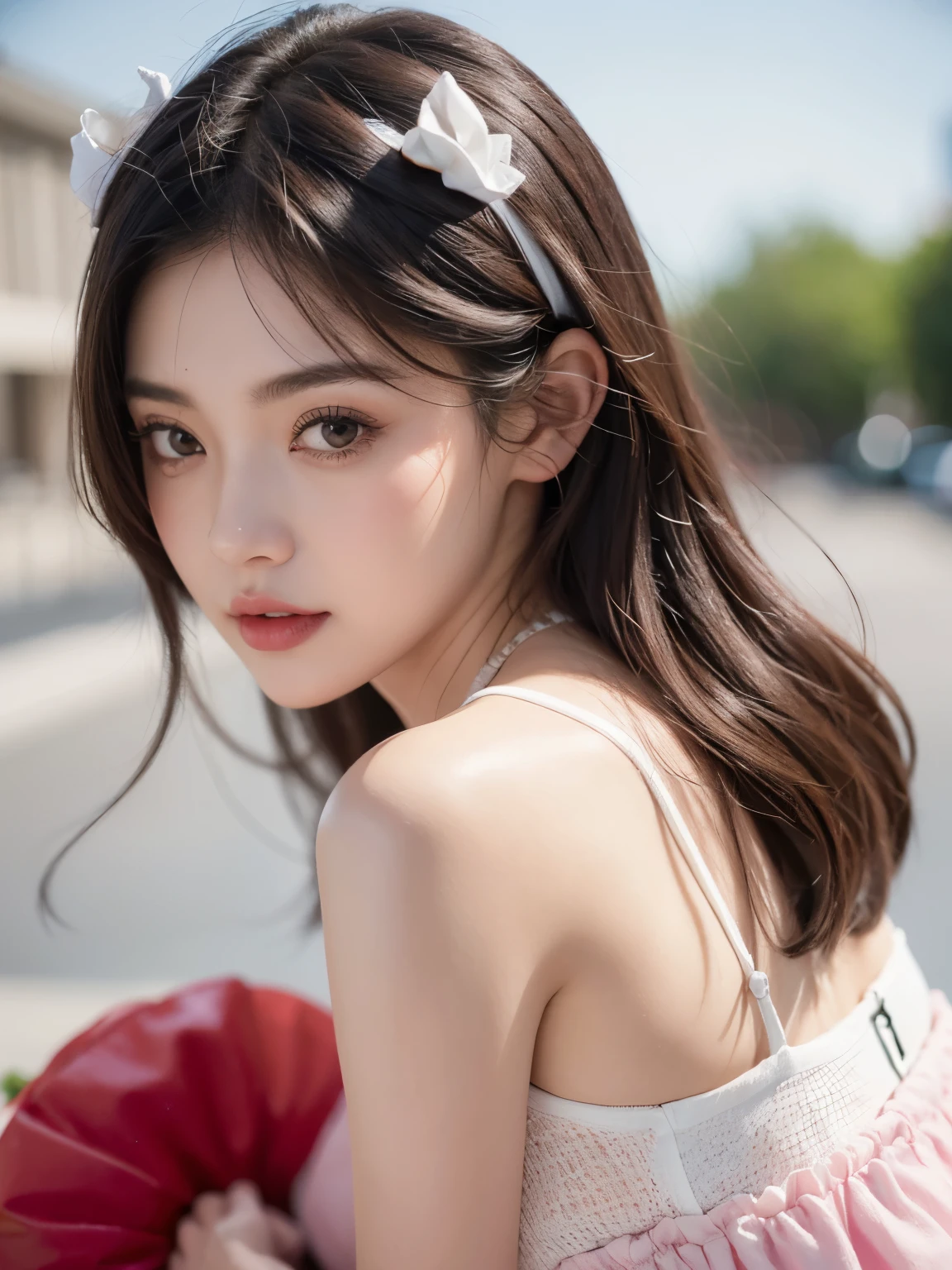 Kim Jennie with white brown hair, con rulos en las puntas, with two bows on each side of the hair, all her hair white brown, with a star clip in her white brown hair, ojos de color claro, ojos bonitos, ojos llorosos, nariz bonita y respingada, nariz lloroso, labios bonitos, labios rosas, heart and cupid shaped lip, piel bonita, pale, piel blanca, con lunares y pecas en todo el rostro, rubor rosa suave en las mejilla, rubor rosa natural, maquillaje suave y rosa, jennie, cuello bonito, cuello marcado, frown, mirada tierna, con un collar de beso, un collar bonito de beso, parecido a Yumeko Jabami, mientras lleva puesto un Crochet YK2, de lana, with a YK2 style brown mini skirt, mientras lleva una casaca con estampados de ositos, mientras tiene el abdomen desnudo, delgado, marcado y bonito, (pechos grandes, pechos suaves, pechos bonitos), mientras esta haciendo cospaly del personaje Yumeko Jabami, del anime Kakegurui, mirando a la camara
