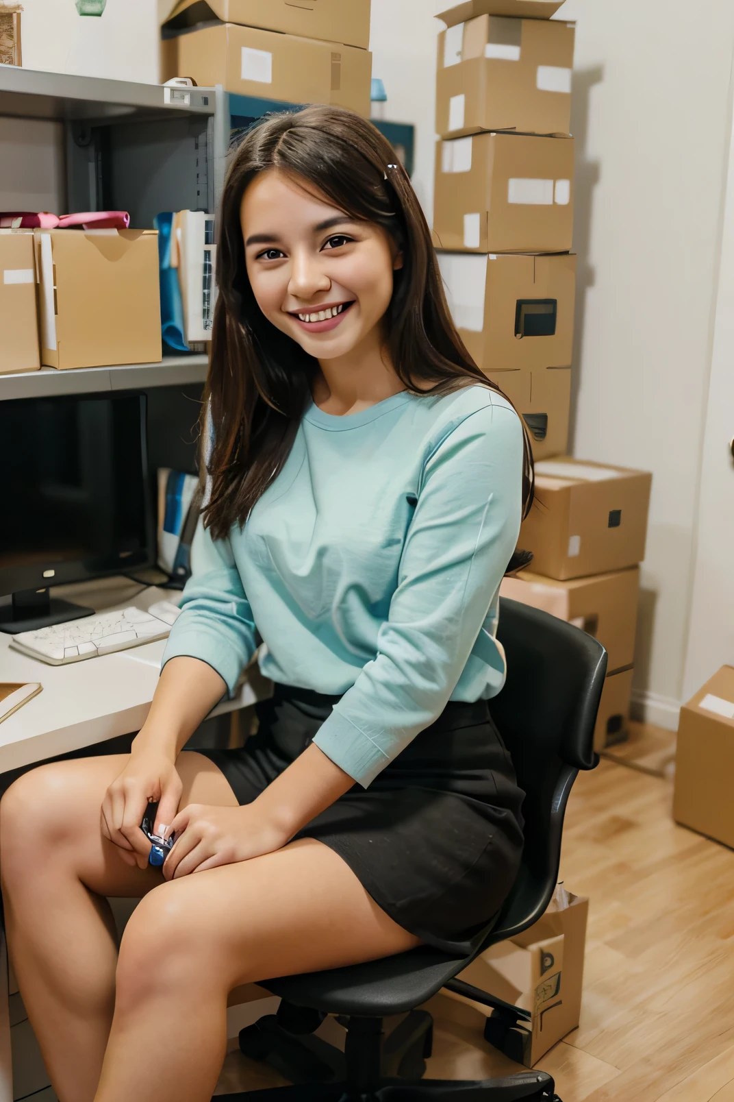 photograph of a smiling girl watching her computer while sitting on some boxes in her small business

