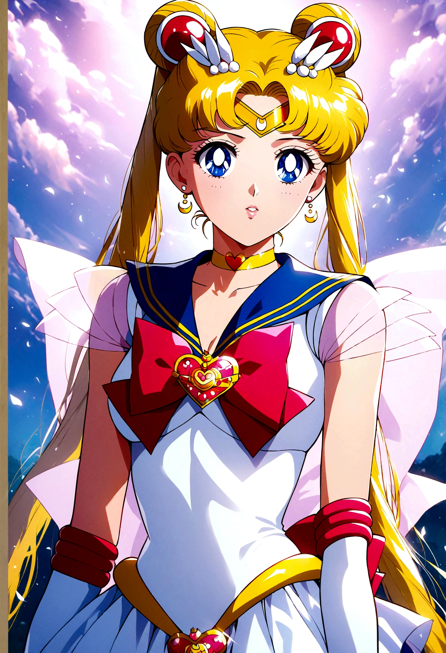 1girl, sailor moon, bishoujo senshi sailor moon, elegant detailed eyes, detailed facial features, long eyelashes, beautiful detailed lips, elegant detailed pose, highly detailed, masterpiece, 4k, hyper realistic, photorealistic, cinematic lighting, dynamic composition, intricate details, vibrant colors, soft dreamy atmosphere, magical girl fantasy, upper body shot, aausagi, long hair, double bun, twintails, hair ornament, parted bangs, tiara, earrings, blue eyes, heart choker, blue sailor collar, red bow, white shirt, see-through, elbow gloves, white gloves, multicolored skirt, white skirt