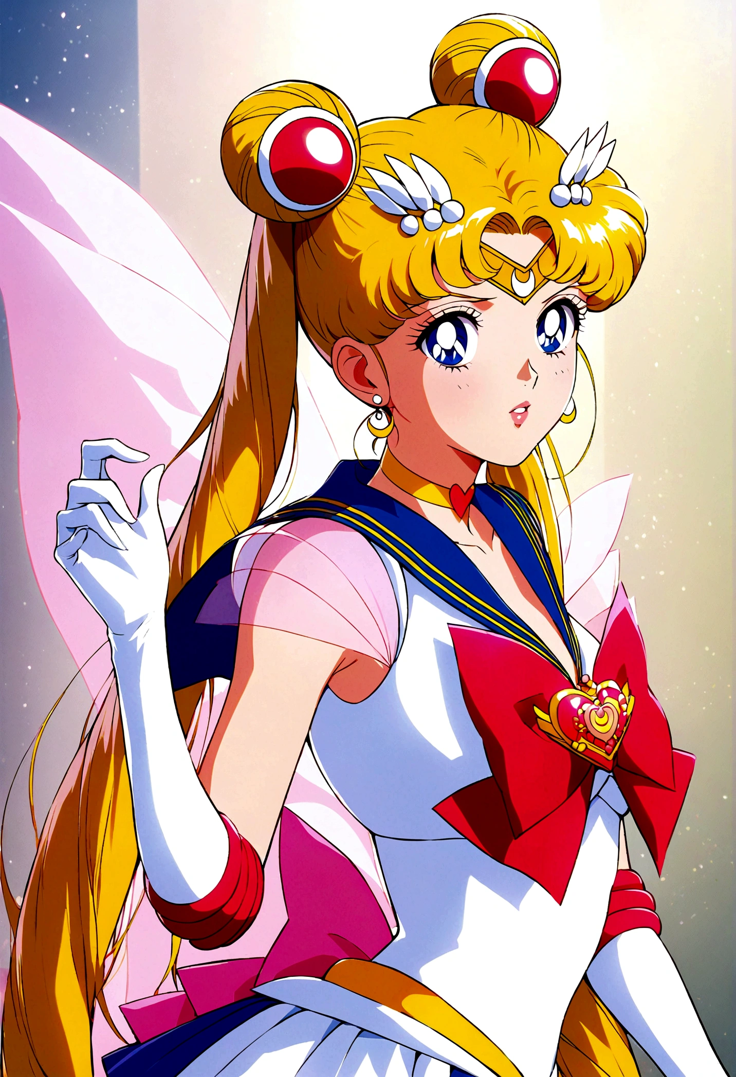 1girl, sailor moon, bishoujo senshi sailor moon, elegant detailed eyes, detailed facial features, long eyelashes, beautiful detailed lips, elegant detailed pose, highly detailed, masterpiece, 4k, hyper realistic, photorealistic, cinematic lighting, dynamic composition, intricate details, vibrant colors, soft dreamy atmosphere, magical girl fantasy, upper body shot, aausagi, long hair, double bun, twintails, hair ornament, parted bangs, tiara, earrings, blue eyes, heart choker, blue sailor collar, red bow, white shirt, see-through, elbow gloves, white gloves, multicolored skirt, white skirt
