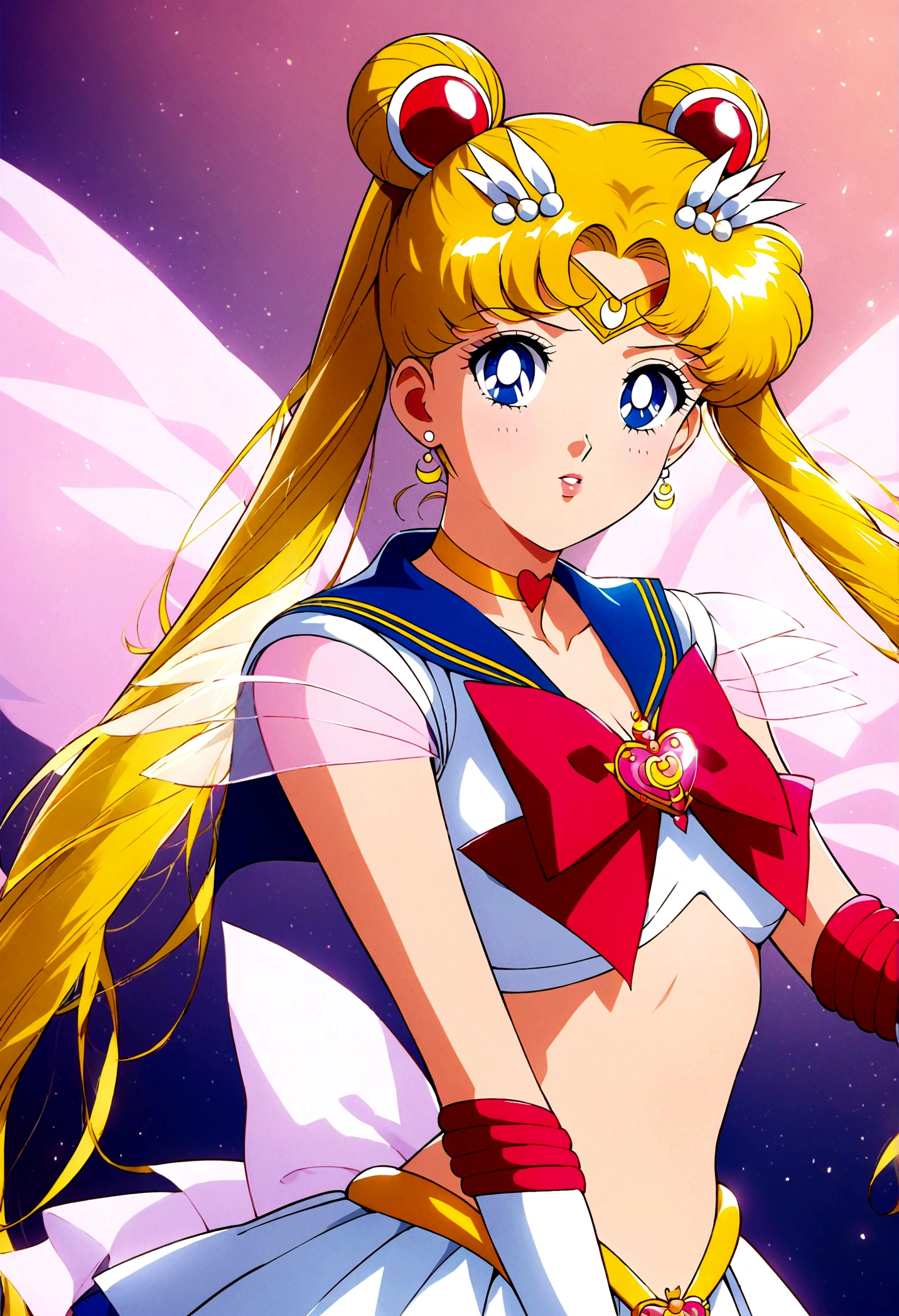 1girl, sailor moon, bishoujo senshi sailor moon, elegant detailed eyes, detailed facial features, long eyelashes, beautiful detailed lips, elegant detailed pose, highly detailed, masterpiece, 4k, hyper realistic, photorealistic, cinematic lighting, dynamic composition, intricate details, vibrant colors, soft dreamy atmosphere, magical girl fantasy, upper body shot, aausagi, long hair, double bun, twintails, hair ornament, parted bangs, tiara, earrings, blue eyes, heart choker, blue sailor collar, red bow, white shirt, see-through, elbow gloves, white gloves, multicolored skirt, white skirt