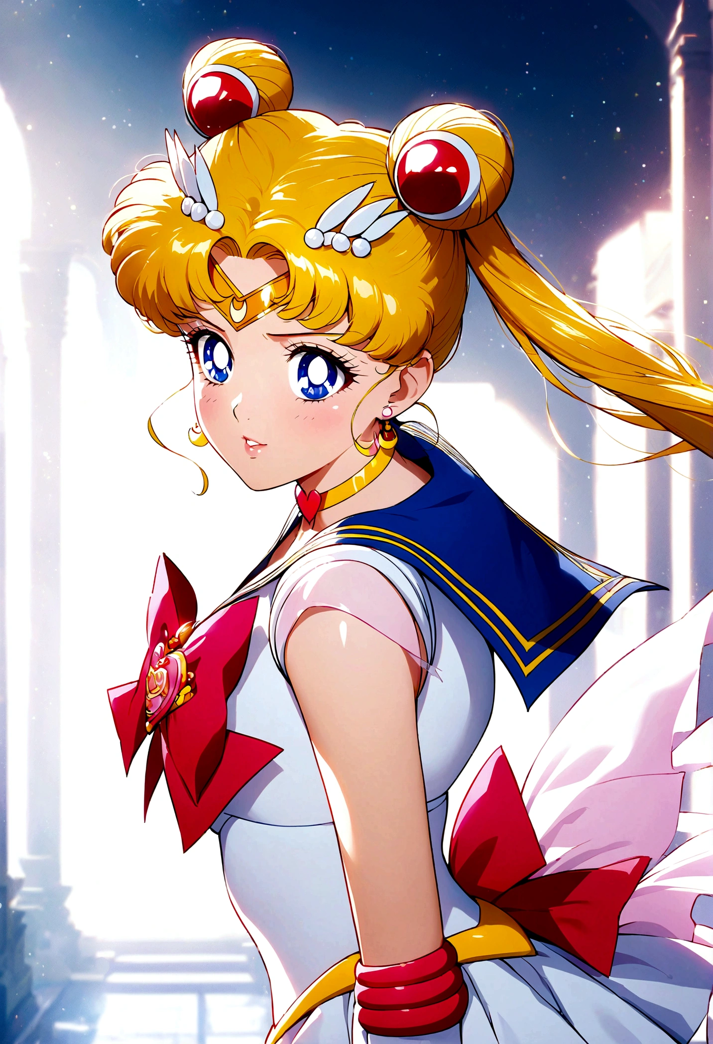 1girl, sailor moon, bishoujo senshi sailor moon, elegant detailed eyes, detailed facial features, long eyelashes, beautiful detailed lips, elegant detailed pose, highly detailed, masterpiece, 4k, hyper realistic, photorealistic, cinematic lighting, dynamic composition, intricate details, vibrant colors, soft dreamy atmosphere, magical girl fantasy, upper body shot, aausagi, long hair, double bun, twintails, hair ornament, parted bangs, tiara, earrings, blue eyes, heart choker, blue sailor collar, red bow, white shirt, see-through, elbow gloves, white gloves, multicolored skirt, white skirt