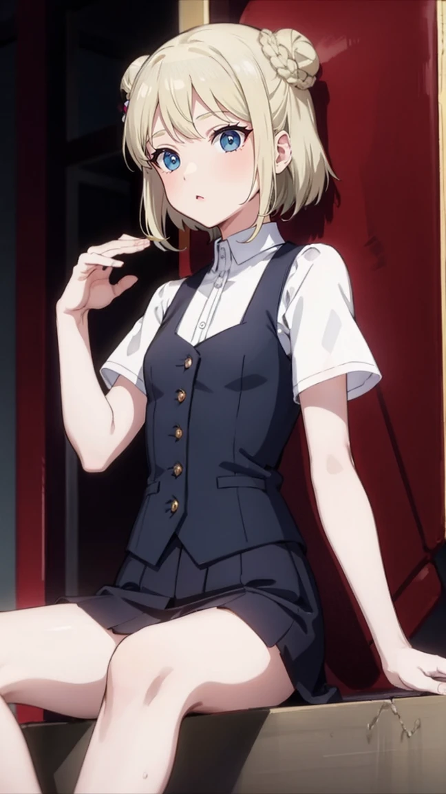 waistcoat、from below:1.3,Focus on the groin、((masterpiece, highest quality:1.3)),cowboy shot,14 year old beauty,solo,((very small head)),((long body)),blonde hair,((very short hair)),double bun, flat chest,slender body,skinny,shiny skin,oily skin,sweat,wet,shy、Love juice、sitting,spread legs、nude、sunny、