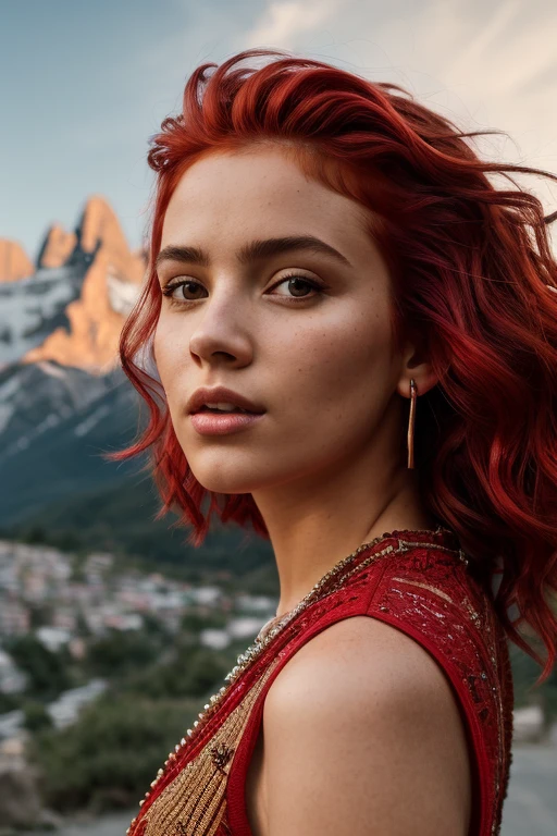 beautiful girl, full body portrait, short bright red disheveled hair, (street style wear:1.2), (Mountains in Background:1.2), digital art, trending on artstation, highly detailed, fine detail, intricate,  beautiful detailed glow, detailed, Cinematic light, highres, detailed facial features,sharp focus, smooth, aesthetic, happy, relaxed, realistic