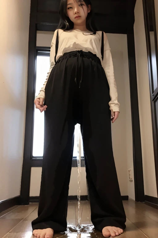 Japanese Girl sees the ghost and pees her black palazzo pants until her pants are wet in fright.