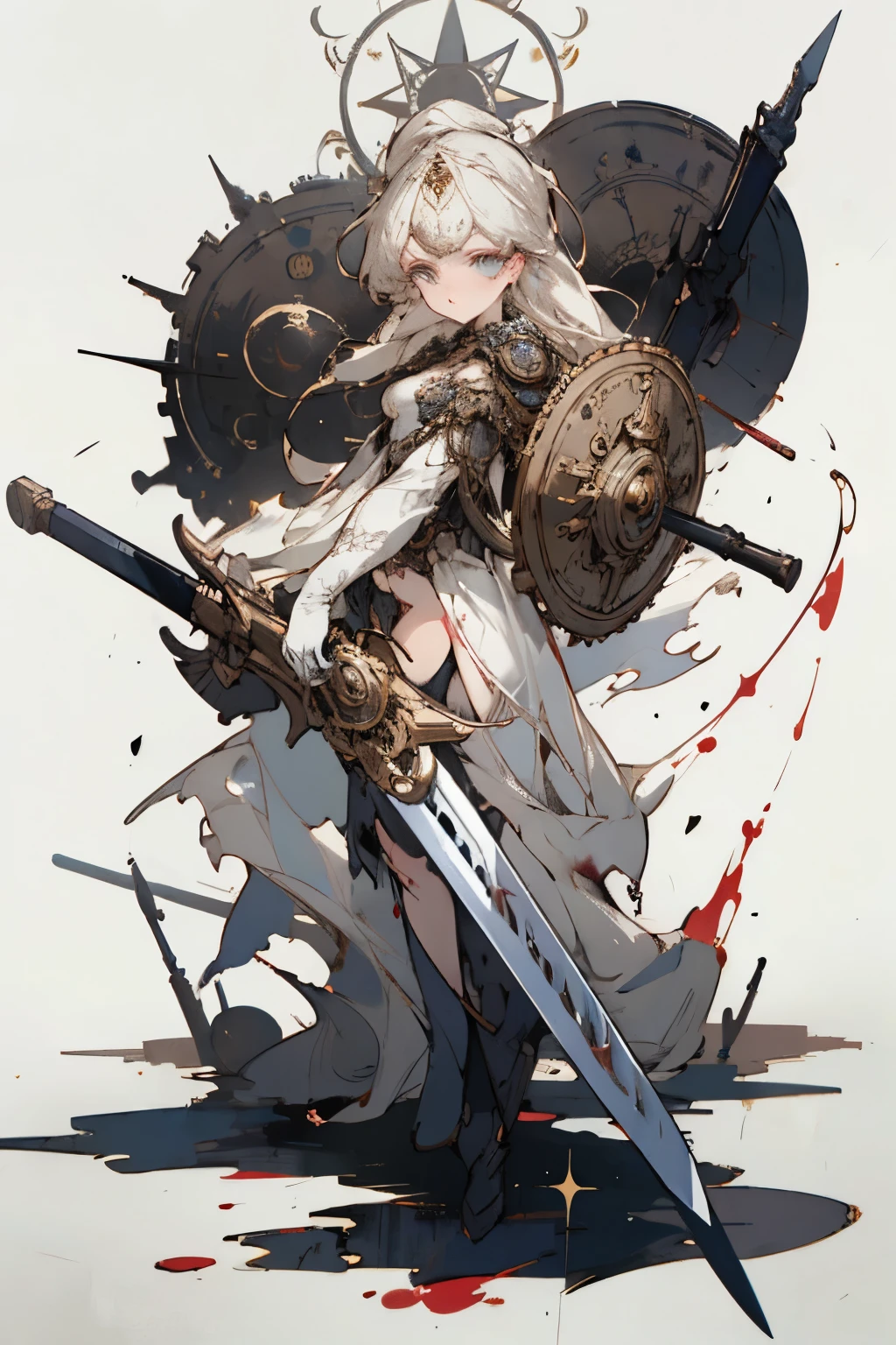 ((best quality)), ((masterpiece)), (detailed), perfect face ((best quality)), ((masterpiece)), (detailed), blank white background, plain background, white background, Bloodborne inspired,  occult aesthetic, occult, detailed and intricate steampunk and detailed gothic, (zentangle, mandala, tangle, entangle),  NSFW, torn clothing, Very dramatic and cinematic lighting, cosmic horror, grim-dark, side-lighting, perfect face, a beautiful goddess adorned and enshrined in armour, Bloodborne inspired , occult aesthetic , occult , detailed and intricate steampunk and detailed gothic , wielding a sword and holding a shield, NSFW, beautiful small breasts, small breasts, full body, whole body, body, plain background, white background, blank background, no background, white background NSFW, full body, whole body, head-to-toe