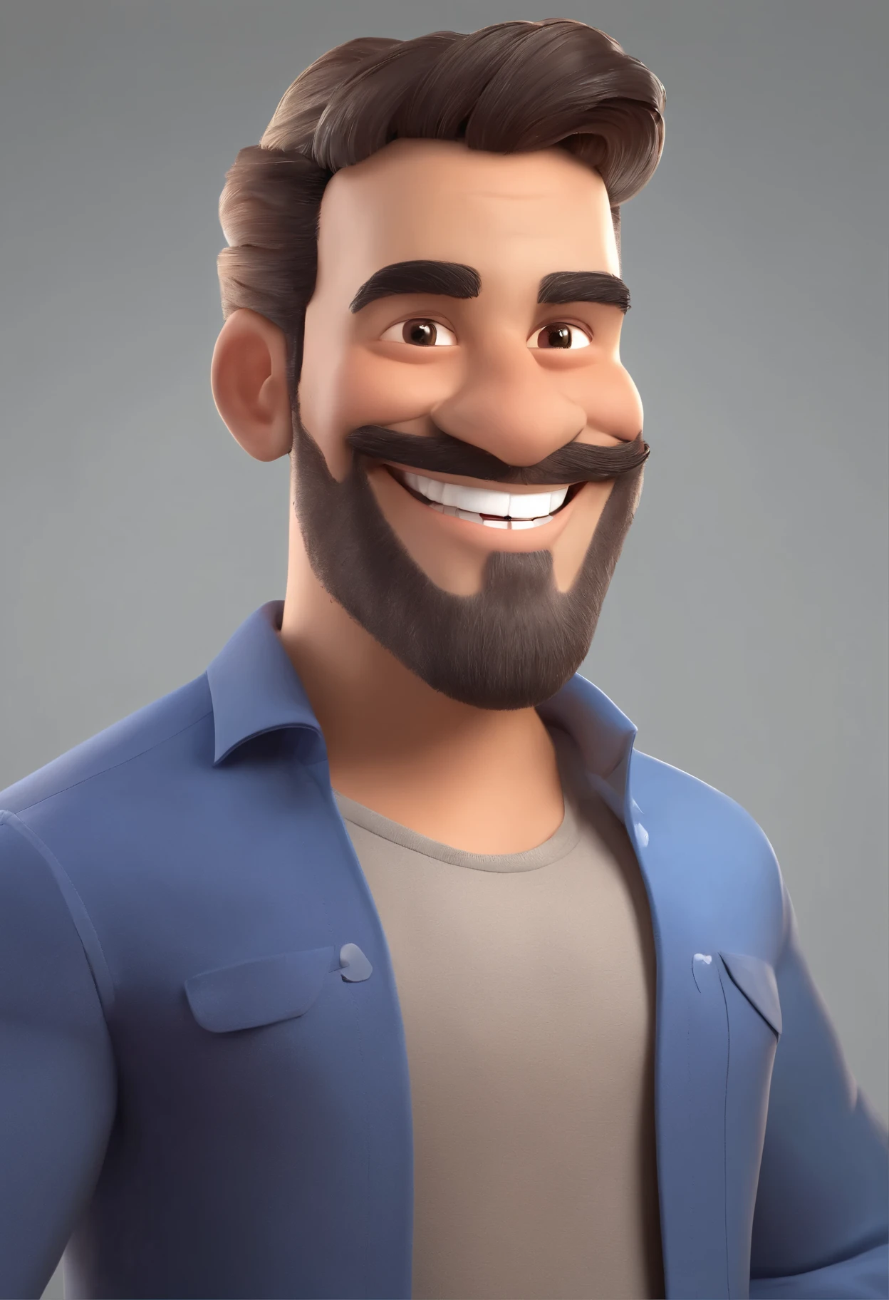 Illustration of smiling man, sorriso insano, Homem de pele marrom com um sorriso gigante, smiling happily at the camera, sorriso atrevido, he is smiling, sorriso muito grande, Macho sorridente, foto de perfil headshot, rindo sorriso enorme, desenhando no estilo de Arte 3D, c4d, fundo de cor branco puro, estilo disney, estilo pixar render ilustracao Super Detalhe, 8K