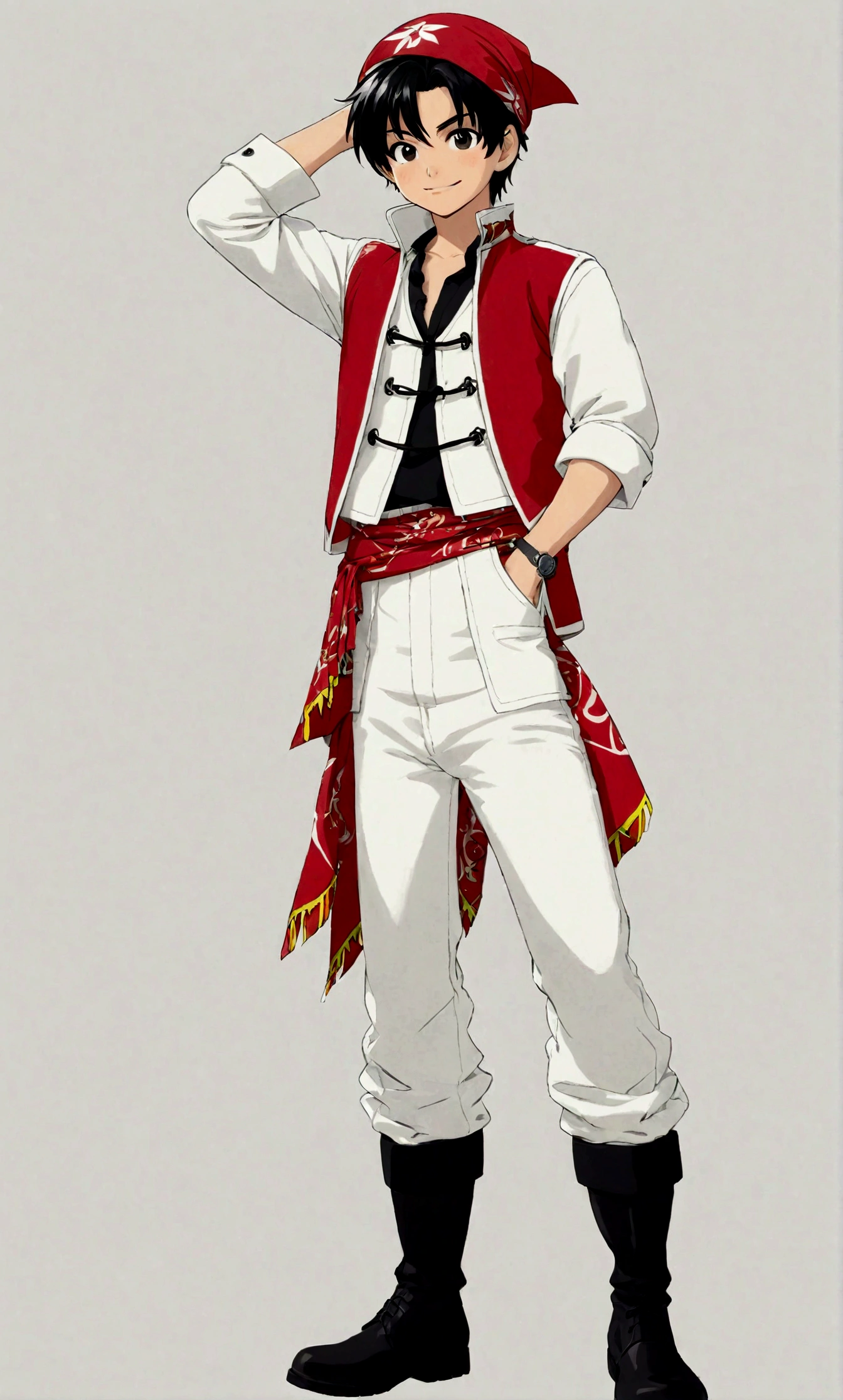 solo, looking at viewer, smile, simple background, black hair, 1boy, white background, standing, full body, ahoge, male focus, boots, pants, black footwear, black eyes, thick eyebrows, hands on hips, bandana