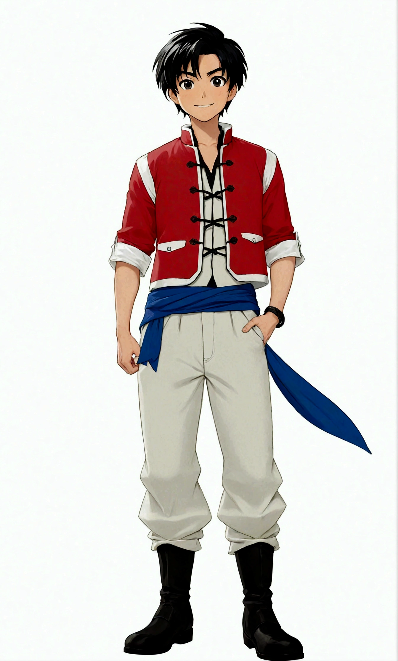 solo, looking at viewer, smile, simple background, black hair, 1boy, white background, standing, full body, ahoge, male focus, boots, pants, black footwear, black eyes, thick eyebrows, hands on hips, bandana