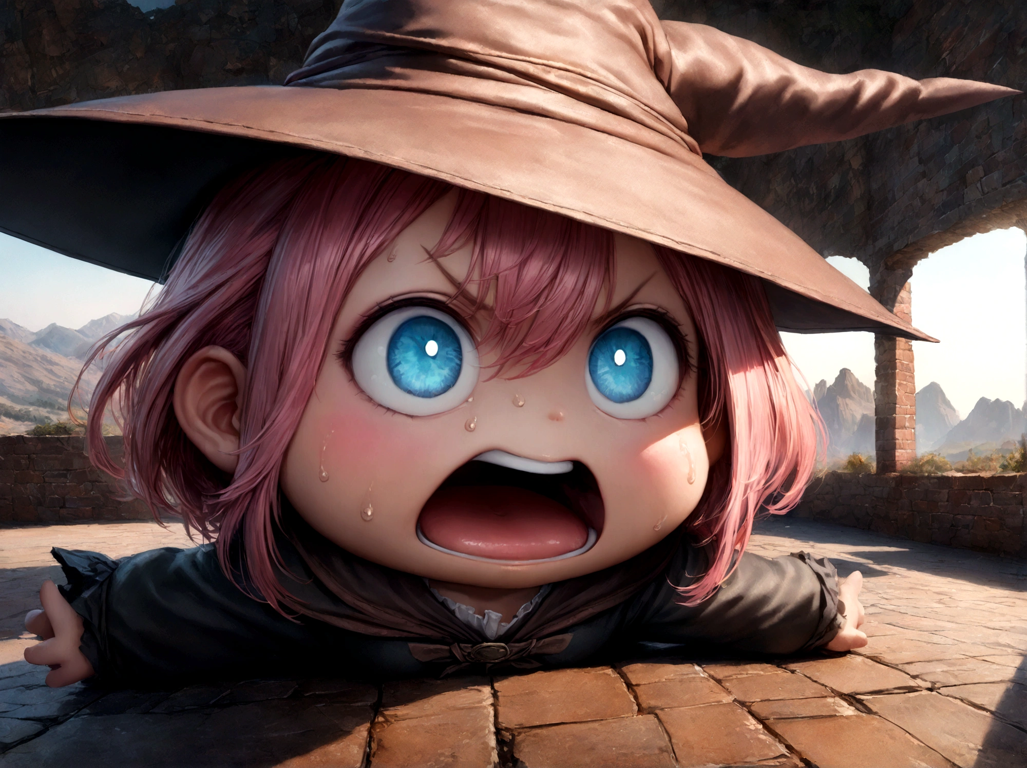 (((Top quality, 4k, 8k, high resolution, masterpiece: 1.2))), (super detailed), (realistic), (photorealistic), (photorealistic: 1.37), (HDR, UHD), (studio (lighting)), ultra-fine drawing, sharp focus, physically based rendering, highly detailed, professional, vibrant colors, perfect ditaile hand, highly detailed realistic eyes, (((Panorama, Aerial view, Distant view))), (((standing by brick wall))), (chibi:1.3), chibi, Super deformed character, 1girl, solo, cute, young, kawaii, handsome female witch, beautiful witch, wizard's hat, wizard's tricorn hat, cat tail, (mouth open, (mouth wide open), screaming), pink hair, short fine hair, bangs, hair between eyes, hair ornament, v-shaped eyebrows, surprised face, blushing, sweat, heavy sweating, blue eyes, no pupils, looking at viewer, arms wide open, legs wide open,