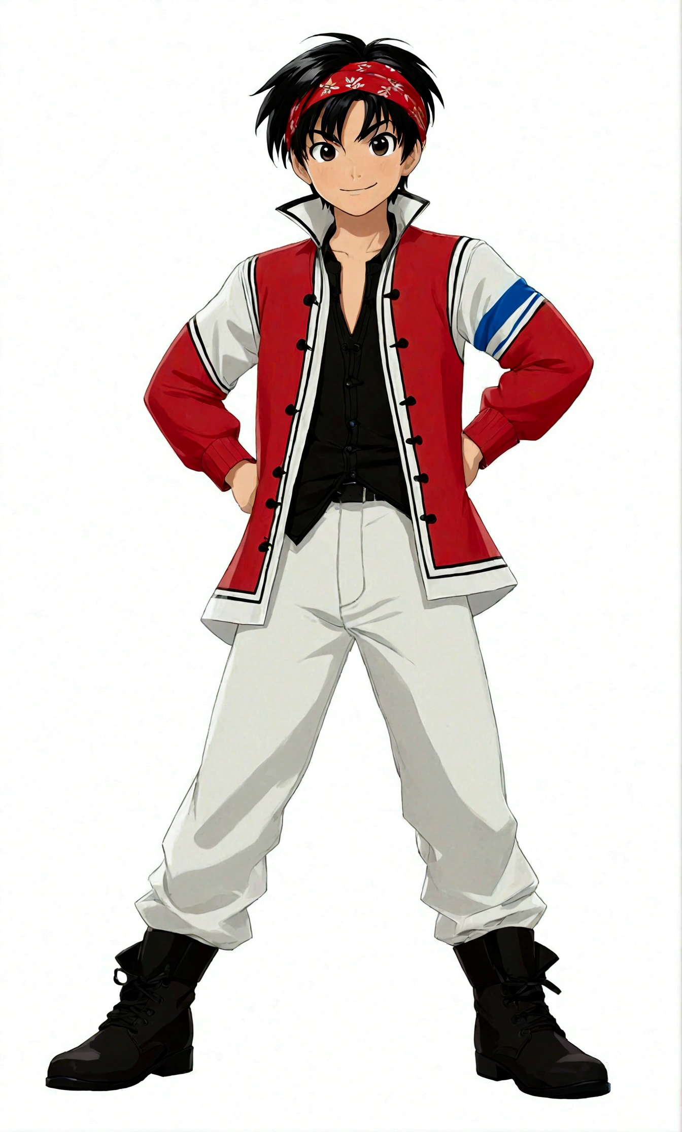 solo, looking at viewer, smile, simple background, black hair, 1boy, white background, standing, full body, ahoge, male focus, boots, pants, black footwear, black eyes, thick eyebrows, hands on hips, bandana