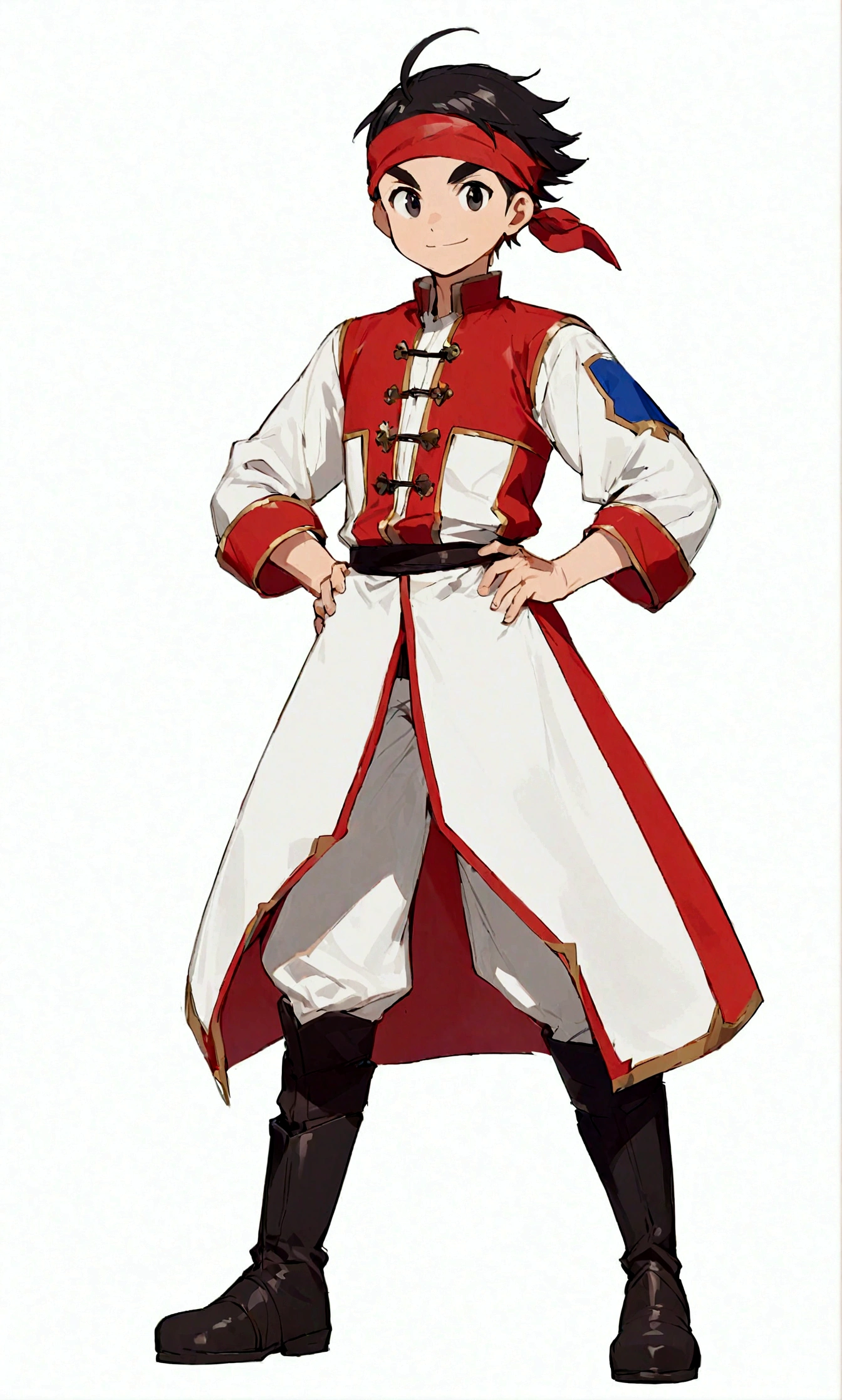 solo, looking at viewer, smile, simple background, black hair, 1boy, white background, standing, full body, ahoge, male focus, boots, pants, black footwear, black eyes, thick eyebrows, hands on hips, bandana