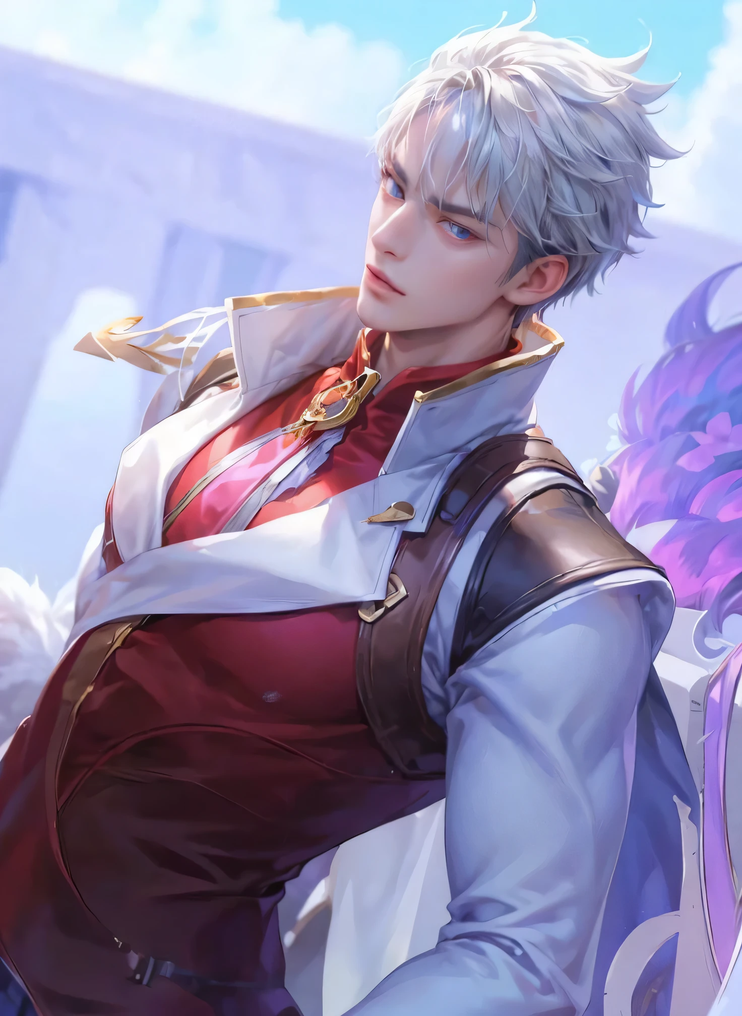((Best quality)), ((masterpiece)), (detailed), ((perfect face)), ((halfbody)) handsome face, male, boy, perfect proportions , a character from anime fairy tail, male version , hiro mashima art, detailed ghibli town background, detailed ghibli scenery background