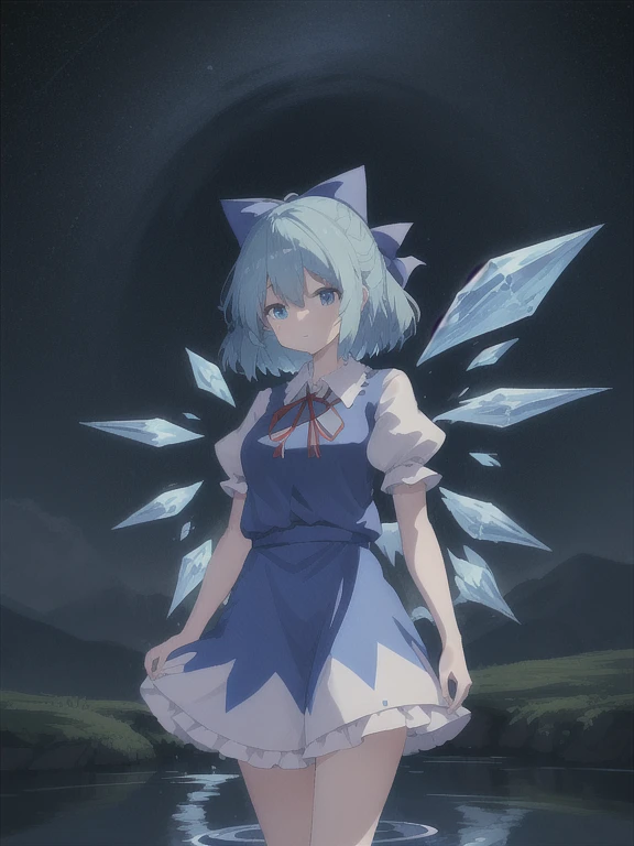 anime girl,blue hair,white skirt,There is a flower in the hair, Anime cute art style, from desire, Oriental Project, eager character, anime style 4k, night nucleus, Splash art anime , 2D anime style, cirno touhou, touhou, cirno from desire, High quality anime art style, official artwork