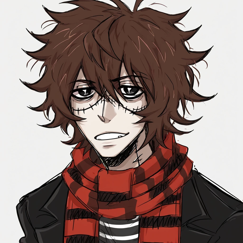 1man,mature male,  stitches, scarf,  coat, halfbody, grunge, sketchy lines, black pupils, messy hair, evil, brown hair