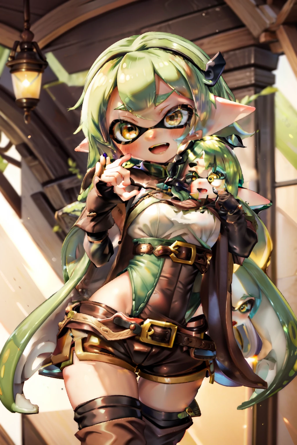 (masterpiece, highest quality), Intricate details, Real Anime、3D、
Splatoon Girl, Golden Eyes、Fairy, Pointed Ears, Long green tentacle hair, Side Lock, Hair Ribbon, Green Eyes, gigantic breast、Elf costume、Low-rise shorts, Cape, Black gloves, Brown shorts, Green knee socks, Short shorts, belt,Open Mouth Smile、blush、Rouge、