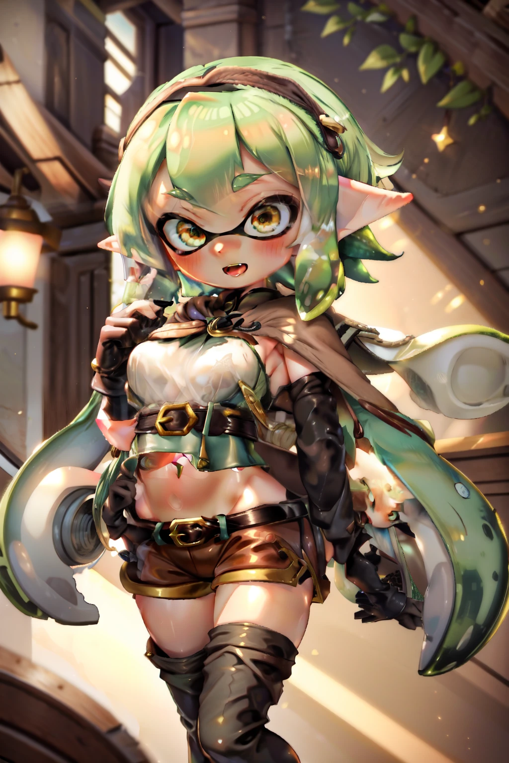 (masterpiece, highest quality),  Intricate details, Real Anime、3D、
 Splatoon Girl, Golden Eyes、Fairy, Pointed Ears, Long green tentacle hair, Side Lock, Hair Ribbon, Green Eyes, gigantic breast、Elf costume、Low-rise shorts, Cape, Black gloves, Brown shorts, Green knee socks, Short shorts, belt,Open Mouth Smile、blush、Rouge、