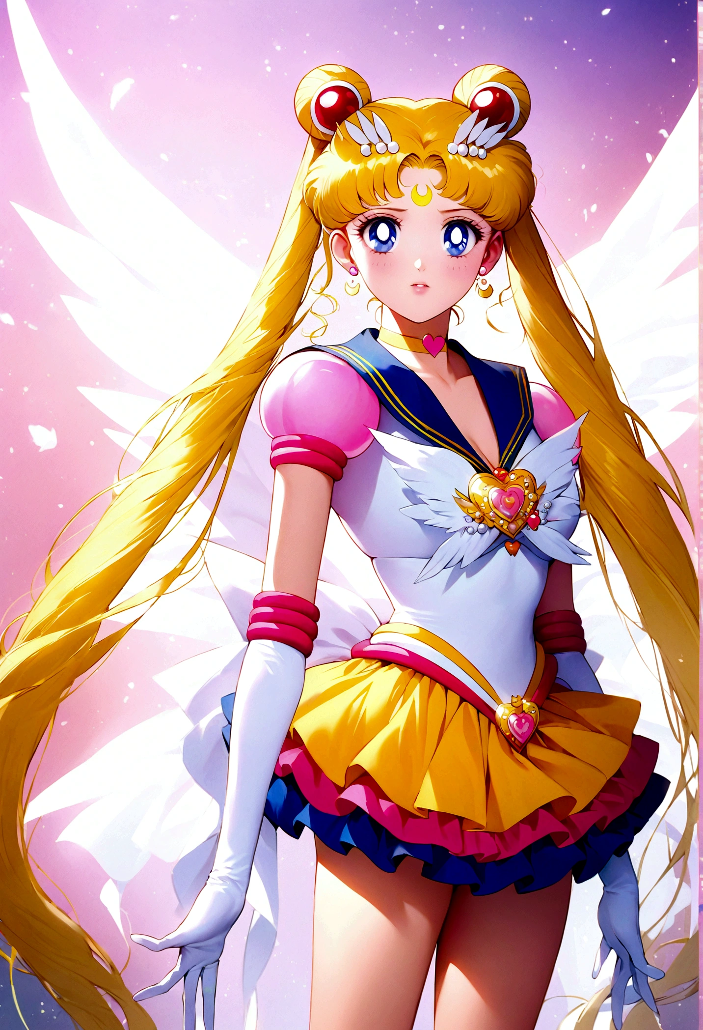 1girl, sailor moon, bishoujo senshi sailor moon, elegant detailed eyes, detailed facial features, long eyelashes, beautiful detailed lips, elegant detailed pose, highly detailed, masterpiece, 4k, hyper realistic, photorealistic, cinematic lighting, dynamic composition, intricate details, vibrant colors, soft dreamy atmosphere, magical girl fantasy, full body shot, aausagi, long hair, double bun, twintails, hair ornament, parted bangs, forehead mark, earrings, blue eyes, wings, heart choker, blue sailor collar, heart brooch, white shirt, puffy short sleeves, elbow gloves, white gloves, yellow skirt, layered skirt