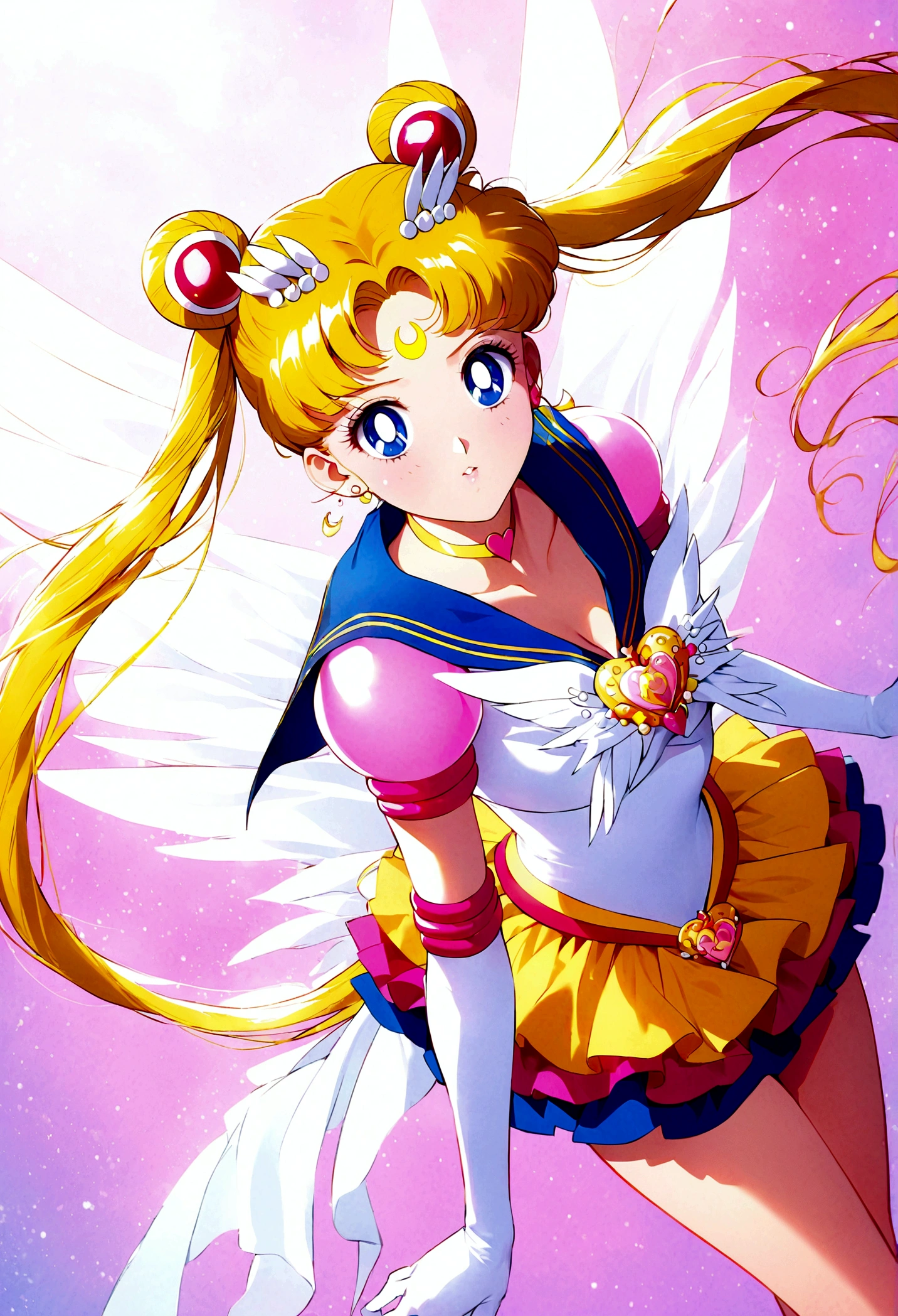 1girl, sailor moon, bishoujo senshi sailor moon, elegant detailed eyes, detailed facial features, long eyelashes, beautiful detailed lips, elegant detailed pose, highly detailed, masterpiece, 4k, hyper realistic, photorealistic, cinematic lighting, dynamic composition, intricate details, vibrant colors, soft dreamy atmosphere, magical girl fantasy, full body shot, aausagi, long hair, double bun, twintails, hair ornament, parted bangs, forehead mark, earrings, blue eyes, wings, heart choker, blue sailor collar, heart brooch, white shirt, puffy short sleeves, elbow gloves, white gloves, yellow skirt, layered skirt