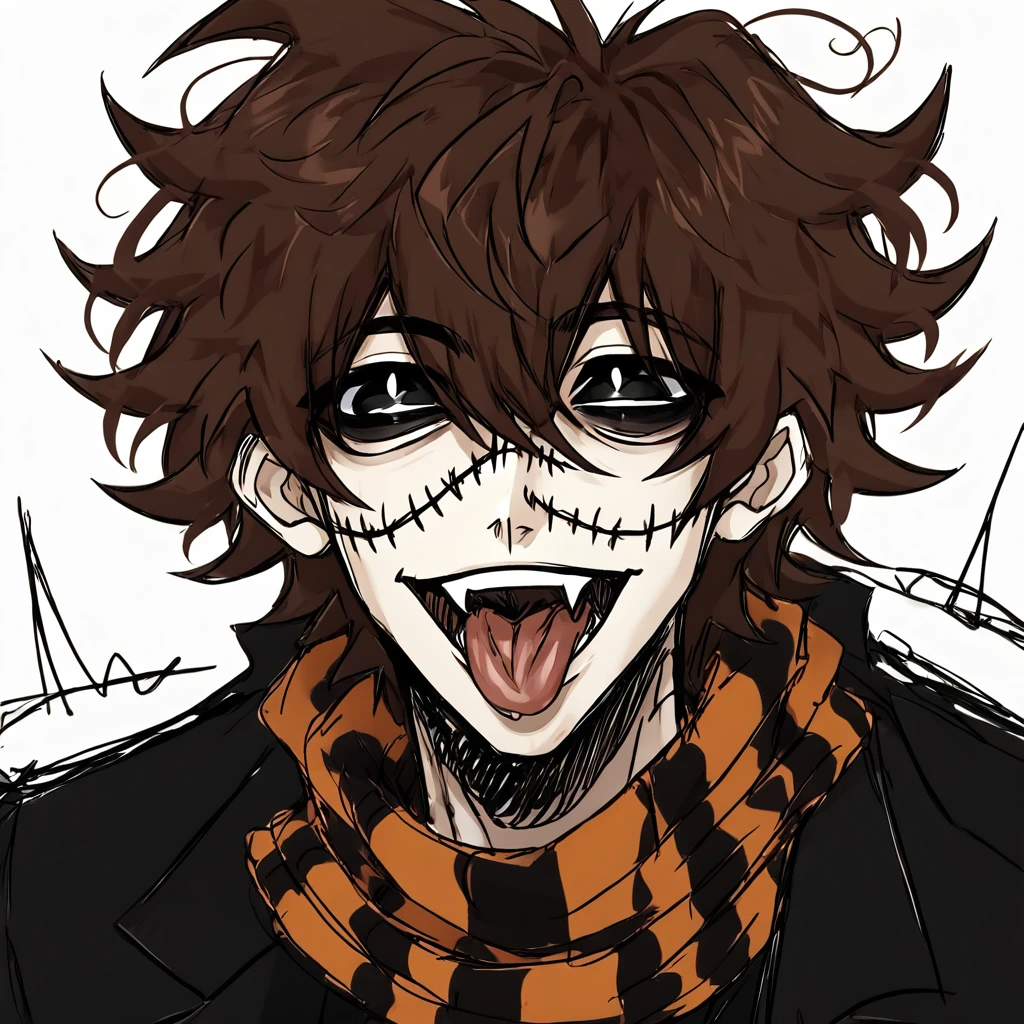 1man,mature male,  stitches, scarf,  coat, halfbody, grunge, sketchy lines, messy hair, black pupils,  evil, brown hair, open mouth, tongue , front 