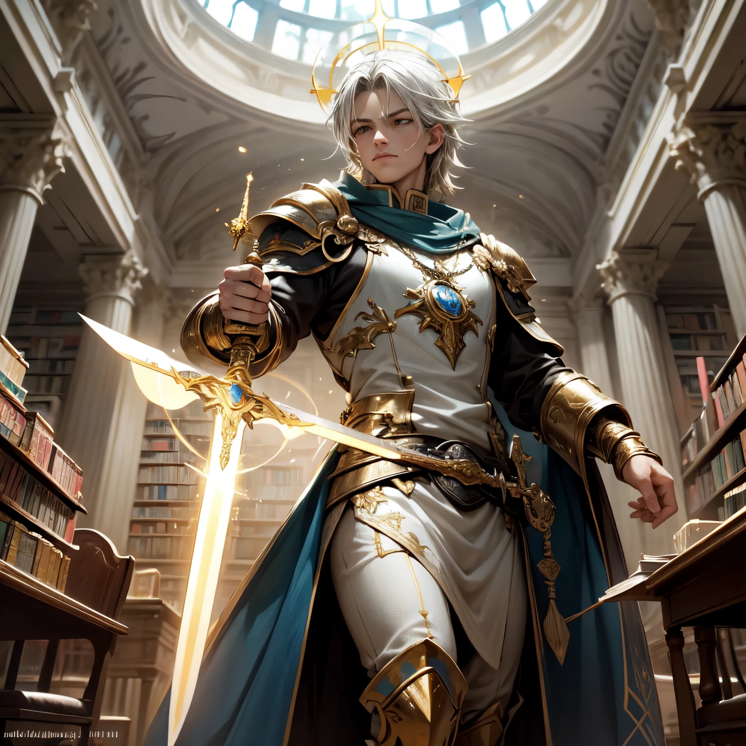 Crie uma imagem digital ultra HD de 8K de um nobre cavaleiro sagrado do rei. Ele tem cabelos castanhos escuros, curtos e bem cuidados, e olhos azuis profundos. His armor is shining silver, adorned with gold details and royal insignia. Uma capa azul real com bordados dourados desce de seus ombros. Na biblioteca do castelo, o cavaleiro empunha a Espada de Zeus. The sword is made of celestial gold and emits golden rays, with divine inscriptions along the blade that shine brightly. The hilt of the sword is adorned with small rays and lightning., simbolizando seu poder supremo. Ele segura a espada em uma pose contemplativa, pronto para defender o conhecimento sagrado armazenado ali, while electric sparks dance around you. The Sword of Zeus is known for its ability to control thunder and lightning, e uma aura de poder divino emana dela. The library is vast and imposing, with dark wood bookshelves that reach the vaulted ceiling. Livros antigos e pergaminhos raros preenchem as prateleiras. Reading tables with colored glass lamps and leather armchairs create an environment for study and reflection. A imagem deve capturar a sabedoria e a tranquilidade da biblioteca, highlighting the knight's interaction with the Sword of Zeus.