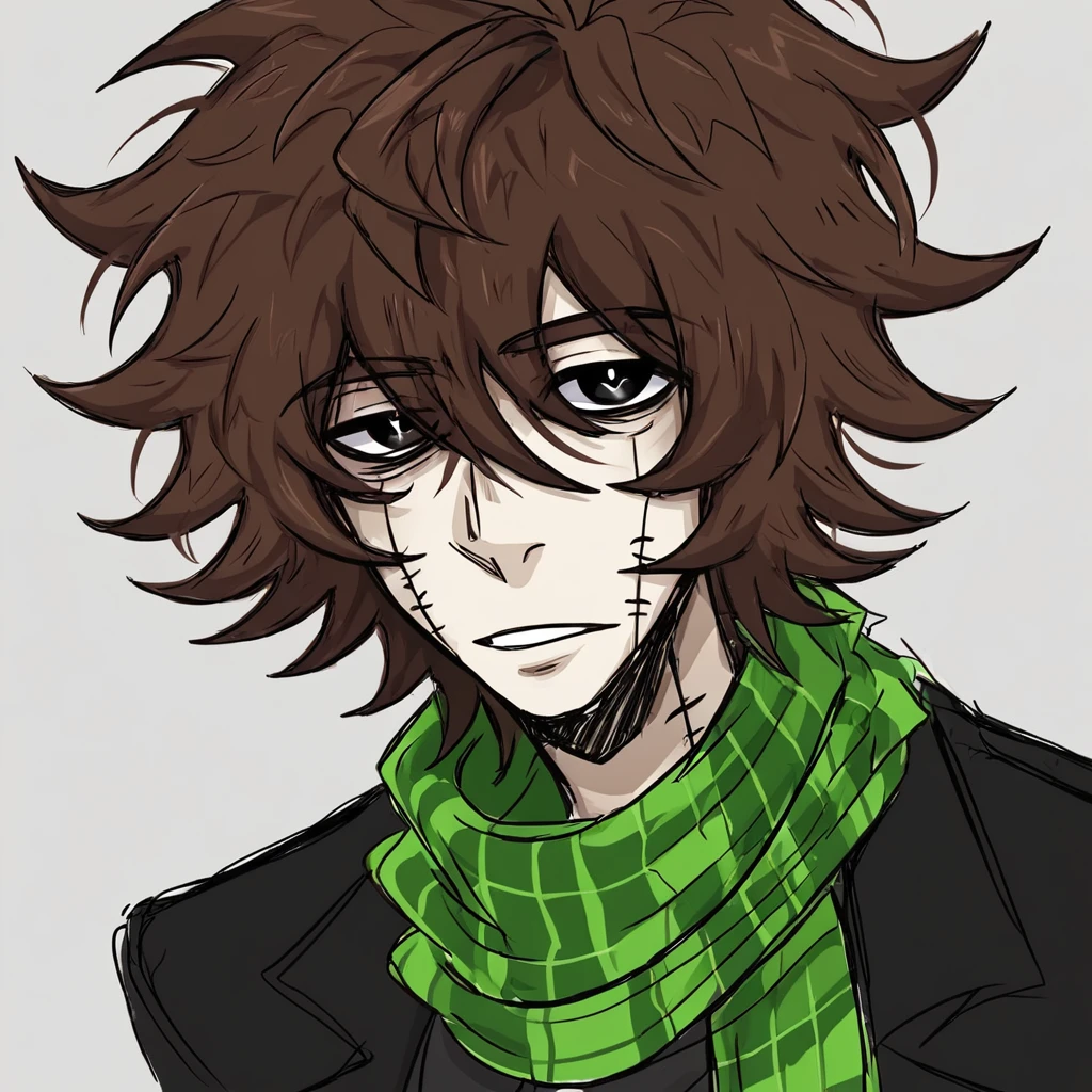 1man,mature male,  stitches, scarf,  coat, halfbody, grunge, sketchy lines, black pupils, messy hair, evil, brown hair, green scarf