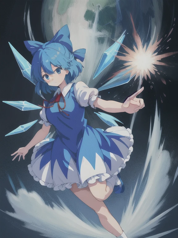 anime girl，blue hair，white skirt，There is a flower in the hair, Anime cute art style, from desire, Oriental Project, eager character, anime style 4k, night nucleus, Splash art anime , 2D anime style, cirno touhou, touhou, cirno from desire, High quality anime art style, official artwork