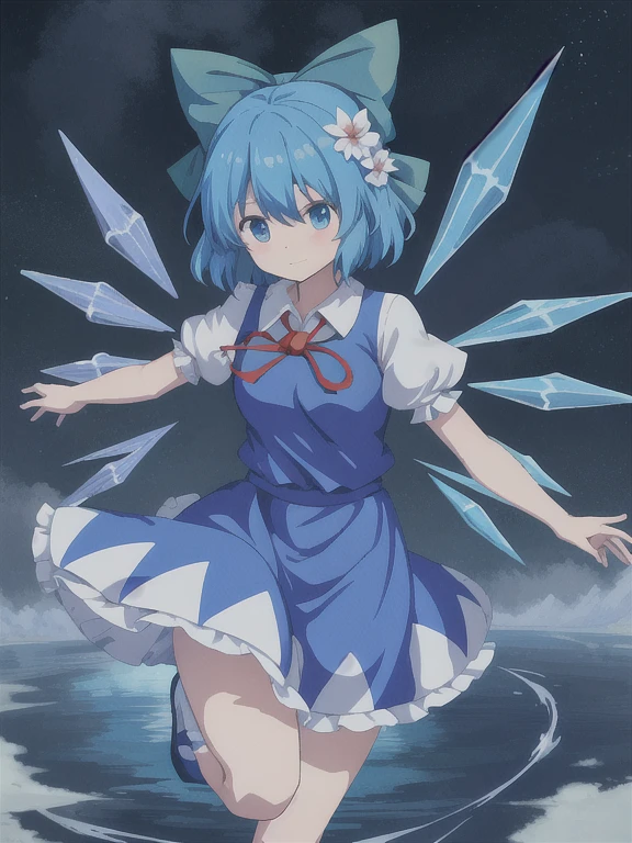 anime girl，blue hair，white skirt，There is a flower in the hair, Anime cute art style, from desire, Oriental Project, eager character, anime style 4k, night nucleus, Splash art anime , 2D anime style, cirno touhou, touhou, cirno from desire, High quality anime art style, official artwork