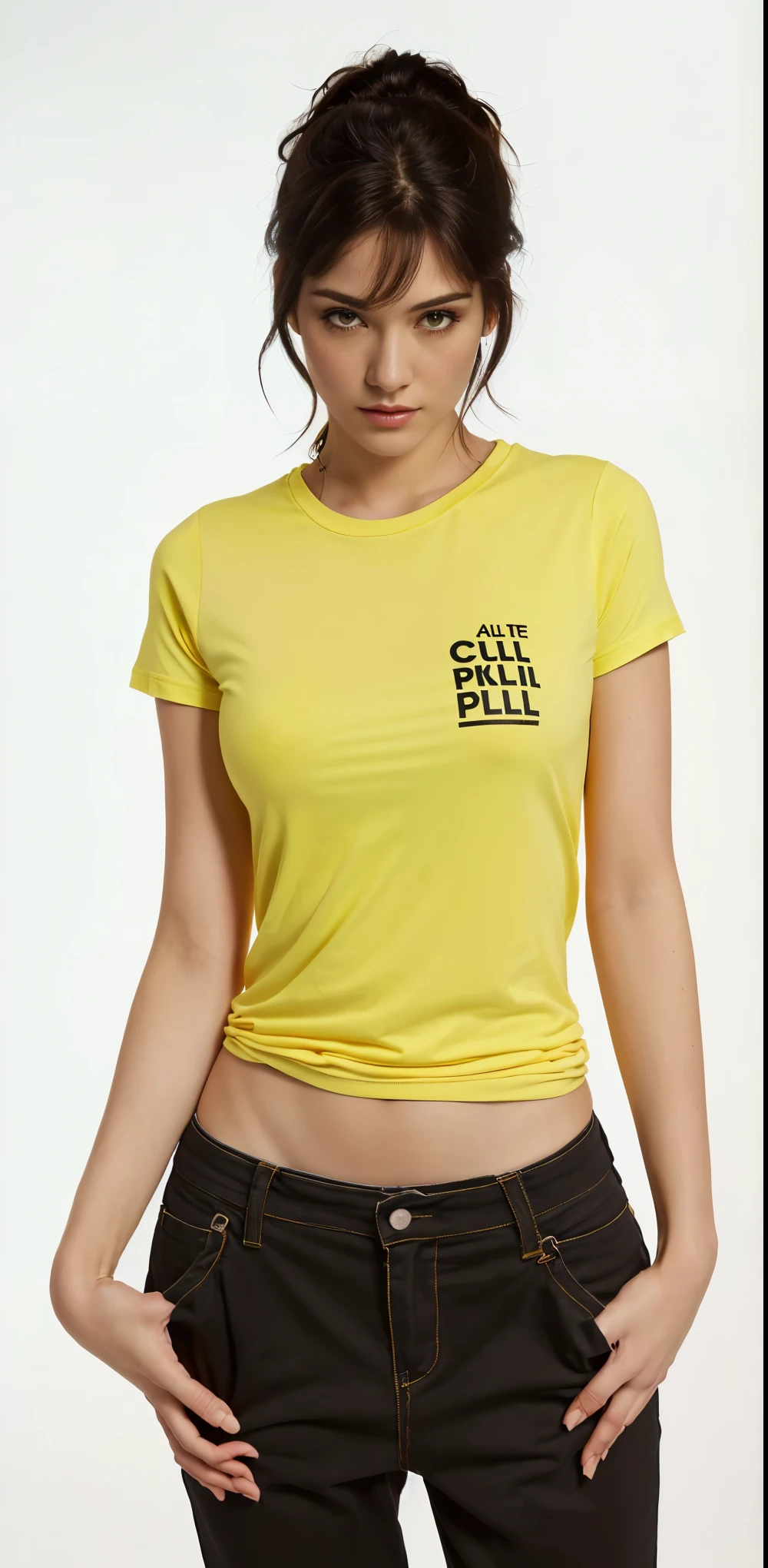 um close up de uma mulher de camisa amarela posando para uma foto, cult, corte out, camiseta molhada, corteout, ocult, camiseta molhada, camiseta molhada, 3 4 5 3 1, Culpa, cult of technology, Cult leader, corte, terror cult, no filme Kill Bill, culto do cordeiro, arte em camisetas em serigrafia