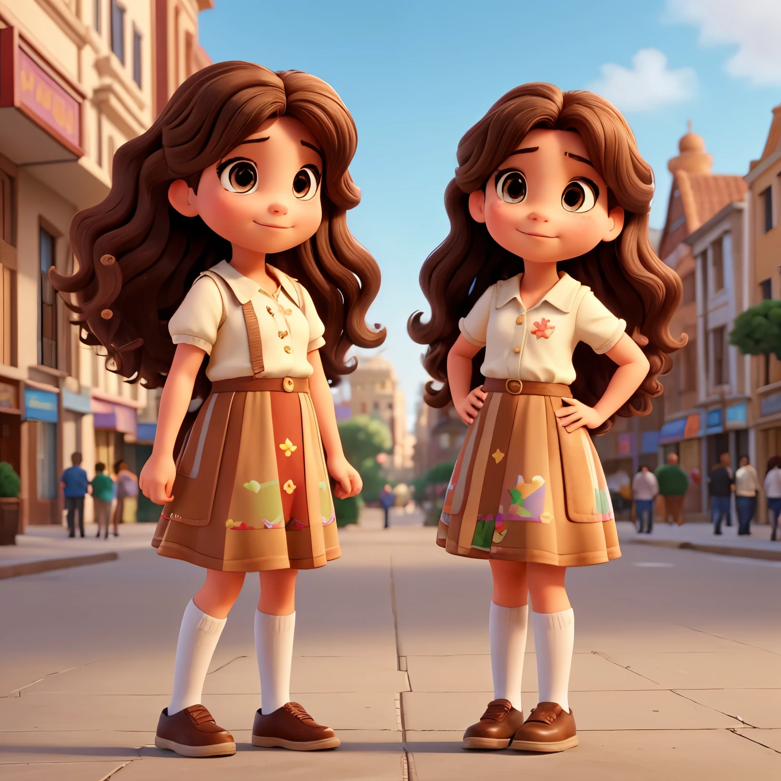 raise two twin girls, no estilo disney pixar, latina, Caucasian woman with medium wavy light brown hair playing in the city