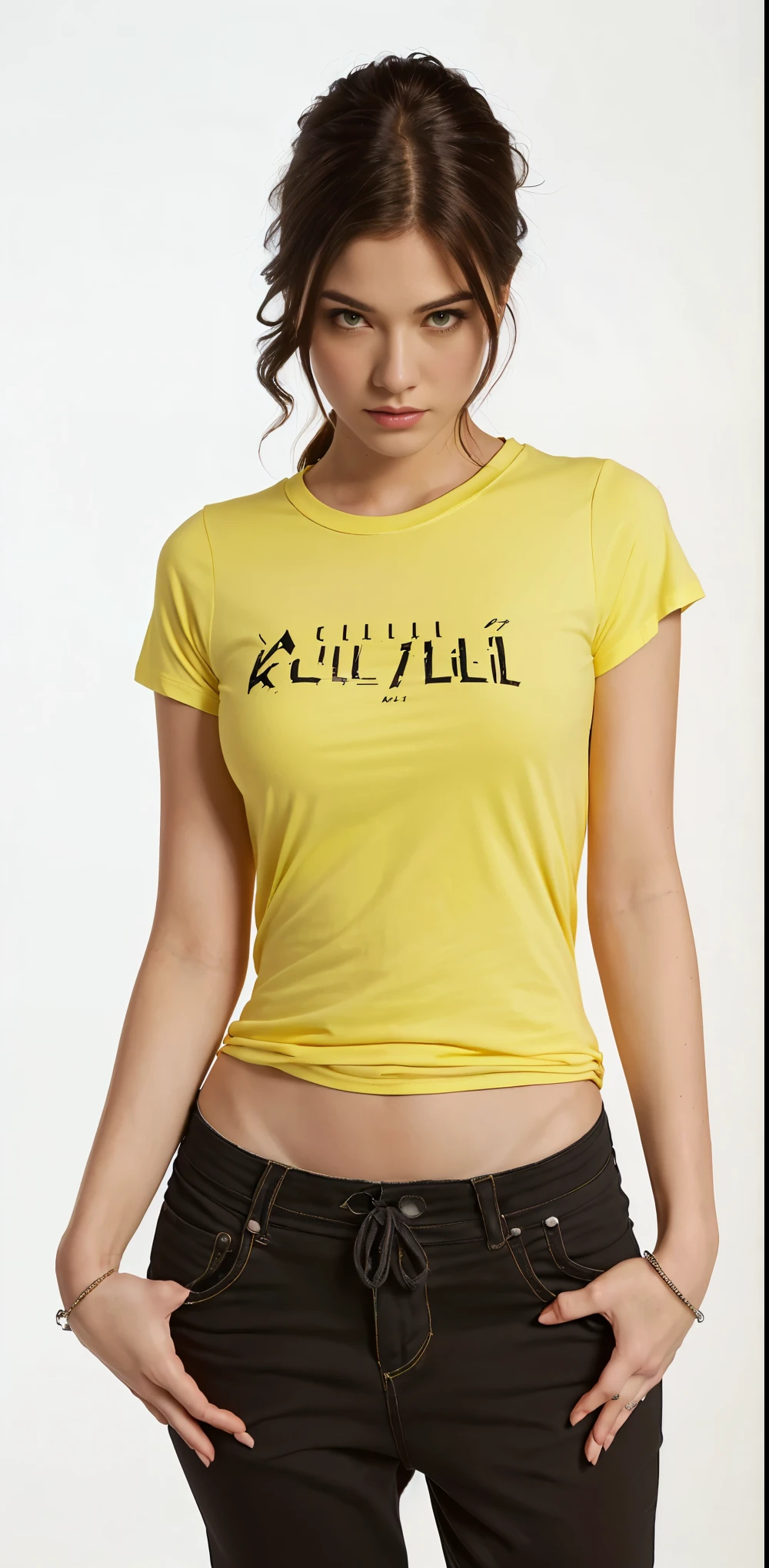 um close up de uma mulher de camisa amarela posando para uma foto, cult, corte out, camiseta molhada, corteout, ocult, camiseta molhada, camiseta molhada, 3 4 5 3 1, Culpa, cult of technology, Cult leader, corte, terror cult, no filme Kill Bill, culto do cordeiro, arte em camisetas em serigrafia