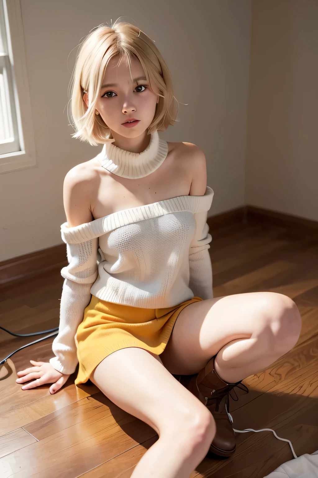 girl 1 , 20 year old appearance, Clear Skin, blue eyes, short, straight, shoulder-length blonde hair, orange scarf with white details, yellow sweater leaving the shoulders sample, green skirt with white stripes, short half skirt, brown leather boots that go up to the knee, white pearl bracelet, sitting on a box in an isolated room, In the room there is a lamp on the floor
