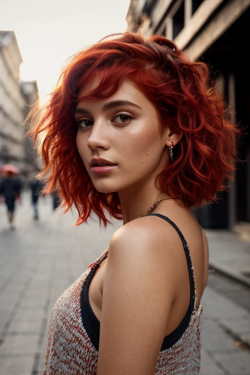 beautiful girl, full body portrait, short bright red disheveled hair, (street style wear:1.2), (street in Background:1.2), digital art, trending on artstation, highly detailed, fine detail, intricate, beautiful detailed glow, detailed, Cinematic light, highres, detailed facial features,sharp focus, smooth, aesthetic, happy, relaxed, realistic