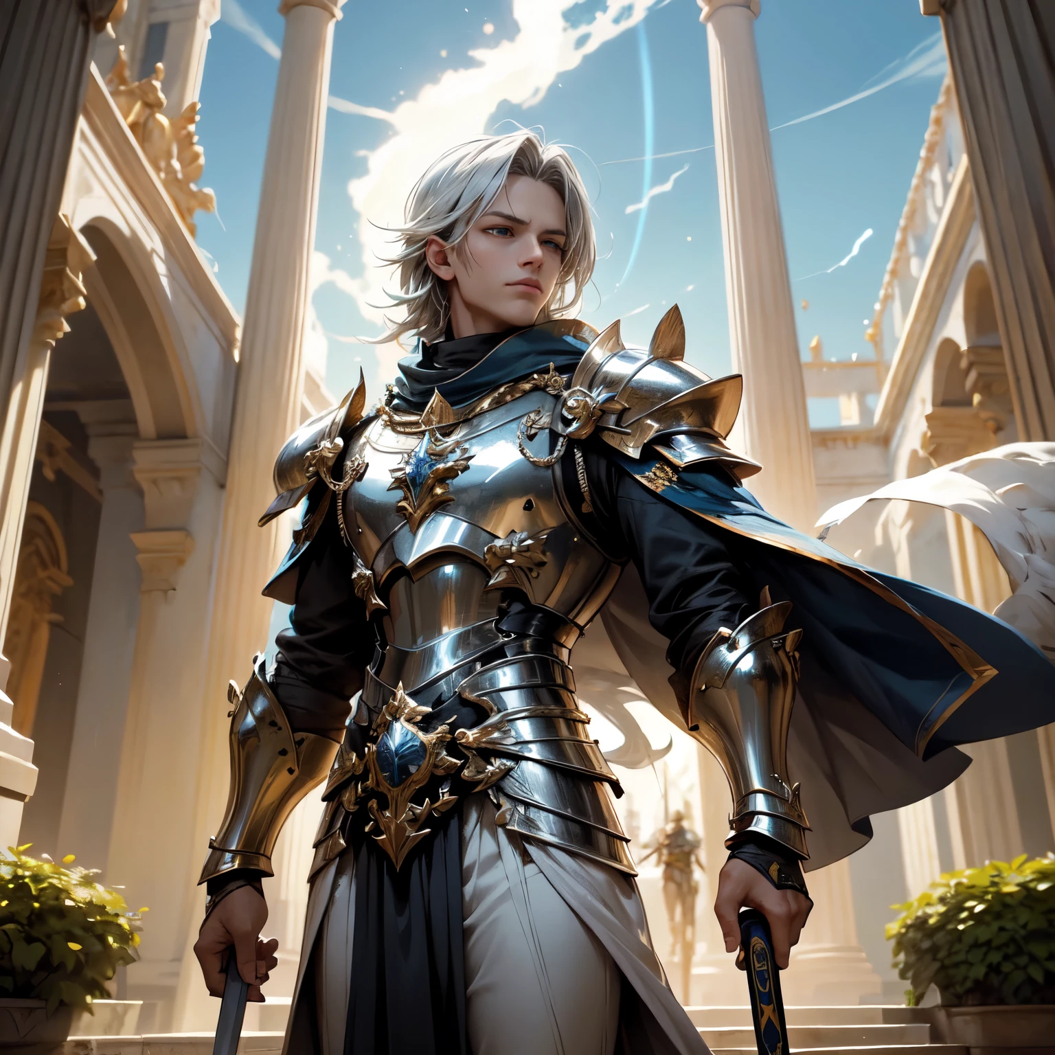 Crie uma imagem digital ultra HD de 8K de um nobre cavaleiro sagrado do rei. Ele tem cabelos castanhos escuros, curtos e bem cuidados, e olhos azuis profundos. His armor is shining silver, adorned with gold details and royal insignia. Uma capa azul real com bordados dourados desce de seus ombros. In the castle courtyard, o cavaleiro empunha a Espada de Zeus. The sword is made of celestial gold and emits golden rays, with divine inscriptions along the blade that shine brightly. The hilt of the sword is adorned with small rays and lightning., simbolizando seu poder supremo. Ele segura a espada em uma pose de guarda, pronto para defender a entrada do castelo, while electric sparks dance around you. The Sword of Zeus is known for its ability to control thunder and lightning, e uma aura de poder divino emana dela. The patio is spacious, com pavimento de pedra e cercado por muralhas altas. Well-kept gardens with colorful flowers and water fountains adorn the space. Guards in their positions and flags fluttering in the wind complete the scene. The image should capture the strength and beauty of the courtyard, highlighting the knight's with the Sword of Zeus.