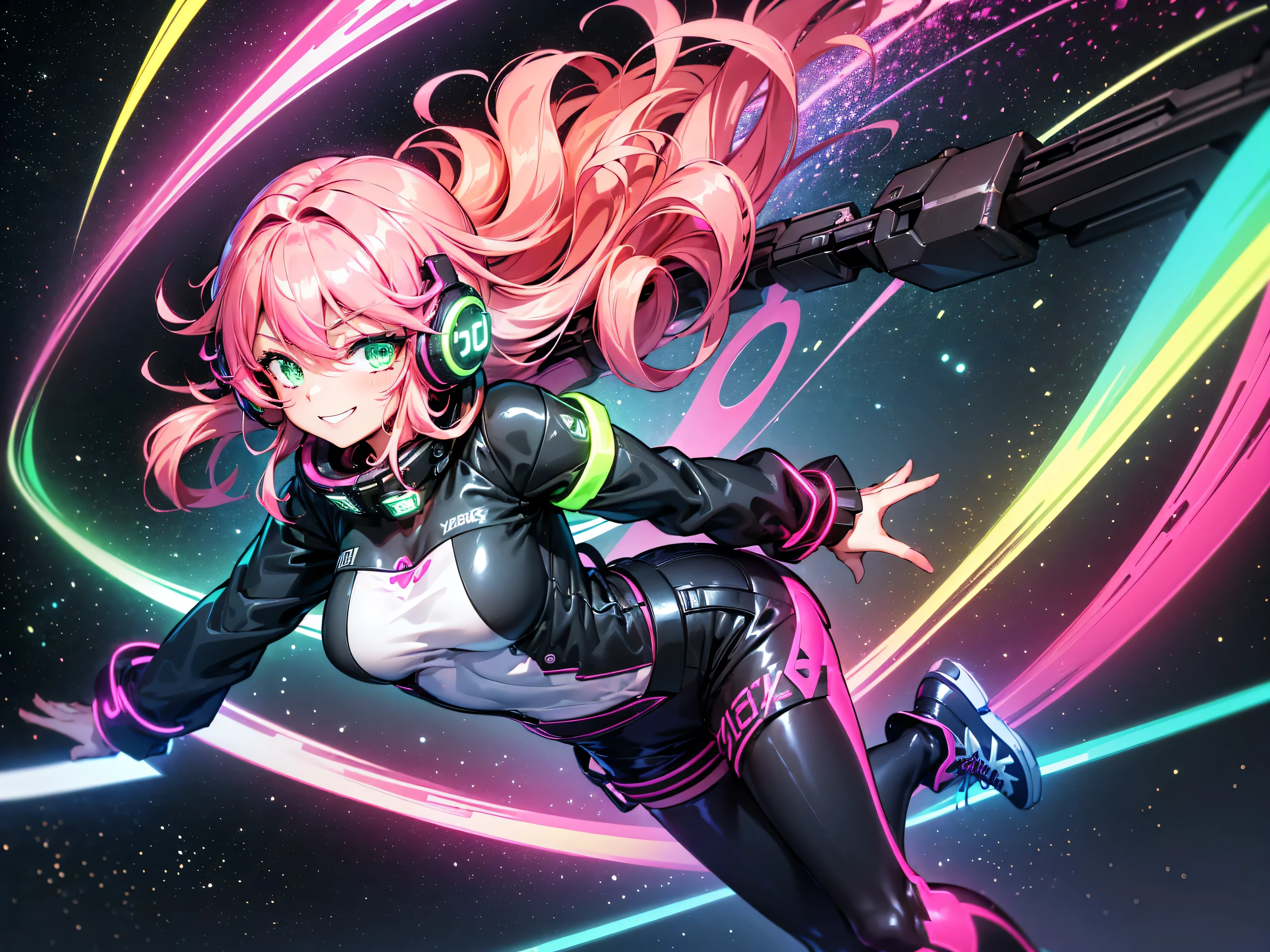 masterpiece:1.4, 1girl ((20year old, dressed in long sleeve shirt, tight black shorts, sneakers, medium breasts, multicolor pink hair, curly long hair, green eyes:1.4, Wearing headphones, happy, smiling, close up, floating in outer space:1.1 galaxy and earth in background:1.1, neon and energetic atmosphere:1.2)) ((nighttime)) ((solo:1.6))