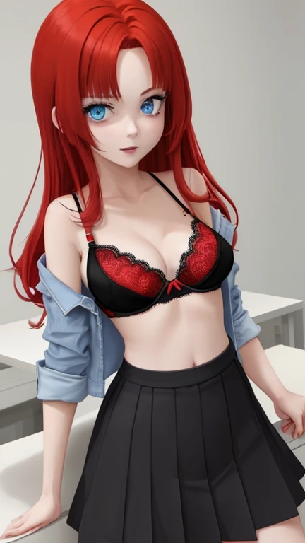 An anime girl with red hair and blue eyes wearing a skirt and an open shirt revealing a black and red lace bra