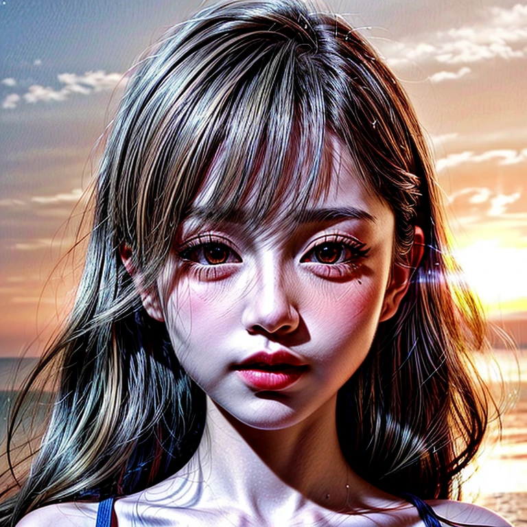 (Acutance:0.85), Masterpiece 8K (Ultra-detailed RAW photorealistic:1.37), Tiny girl wearing tube-top dress、Tropical Beach、evening、Stroll along、(Gazing at the sunset, colorful sky)、(Orange rays illuminating face, close-up:1.4), Gust of wind . (((Extremely detailed NOGIZAKA face))), perfect anatomy, Childish, captivating gaze, elaborate detailed Eyes with (sparkling highlights:1.3), long eyelashes、Glossy RED Lips with beautiful details, Coquettish tongue, Rosy cheeks, ((Radiant natural skin) with clear transparency) . { (Dynamic joyful expressions) | (:d) }, (Light Particle;1.25, God rays), (no Large eyes).