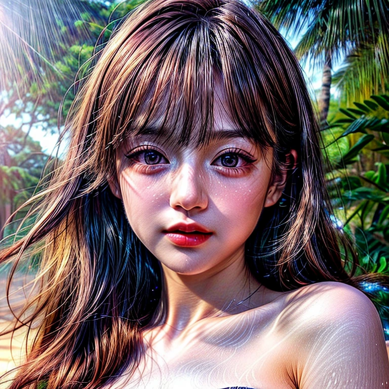 (Acutance:0.85), Masterpiece 8K (Ultra-detailed RAW photorealistic:1.37), Tiny girl wearing tube-top dress、Tropical Beach、evening、Stroll along、(Gazing at the sunset, colorful sky)、(Orange rays illuminating face, close-up:1.4), Gust of wind . (((Extremely detailed NOGIZAKA face))), perfect anatomy, Childish, captivating gaze, elaborate detailed Eyes with (sparkling highlights:1.3), long eyelashes、Glossy RED Lips with beautiful details, Coquettish tongue, Rosy cheeks, ((Radiant natural skin) with clear transparency) . { (Dynamic joyful expressions) | (:d) }, (Light Particle;1.25, God rays), (no Large eyes).