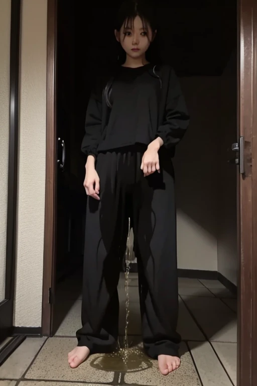 Japanese Girl sees the ghost and pees her black palazzo pants until her pants are wet in fright.