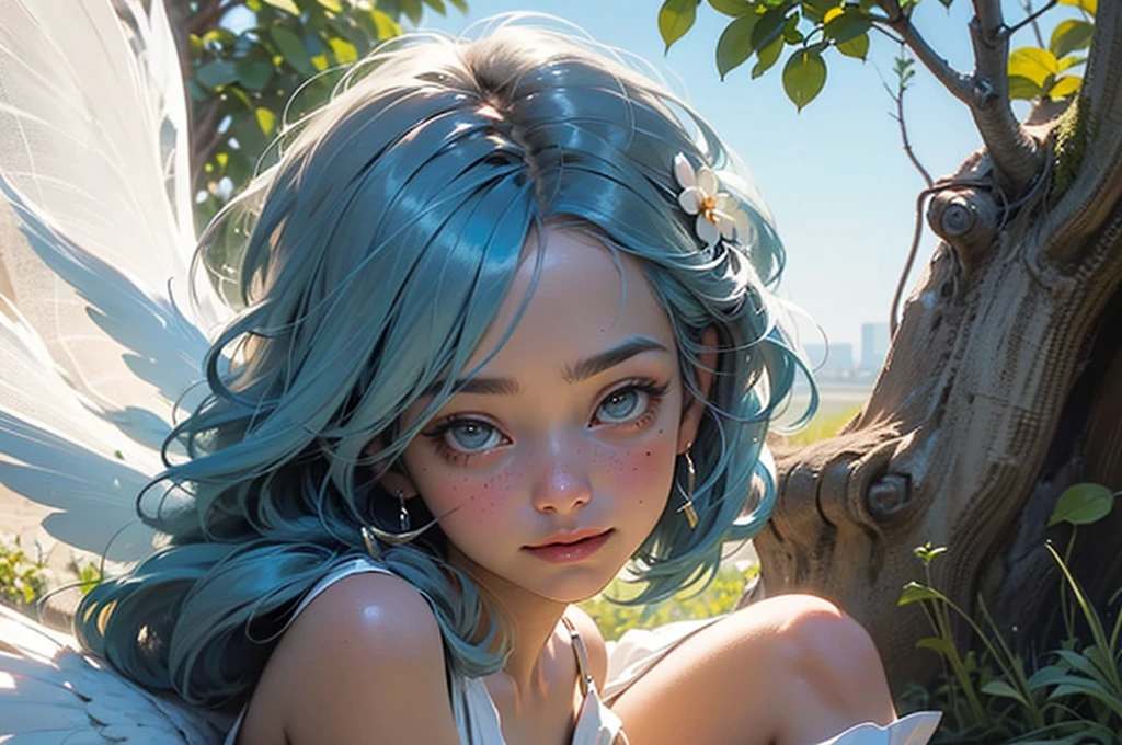 White dress, rooftop, 1girl, nose blush, 1 Screen View, low angle, 8K, highest quality, Beautiful expression, girl sitting, Shiny natural skin texture, cheerful, Cute face, naughty smile, fluffy bob cut, hair ribbon, (Wings are growing:1.5), (nsfw:1.1), (masterpiece:1.2), (see through:1.1), (puffynipple:1.1), (Light-pigmented nipple:1.3), (small breasts:1.1), (sky blue hair:1.4), (flower hair ornament:0.8), (No underwear:1.2)