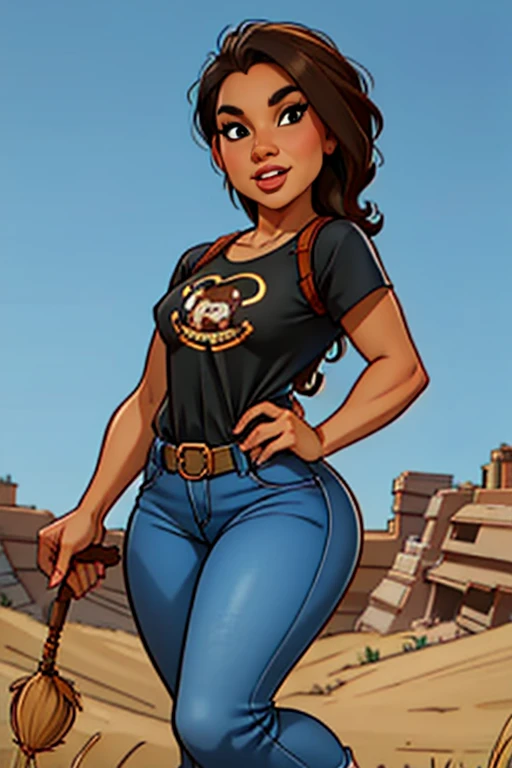1girl, looking at viewer, smile, brown hair, shirt, black hair, 1boy, brown eyes, outdoors, sky, shoes, day, pants, cloud, black eyes, blue sky, lips, facial hair, grass, blue shirt, denim, carrying, beard, jeans