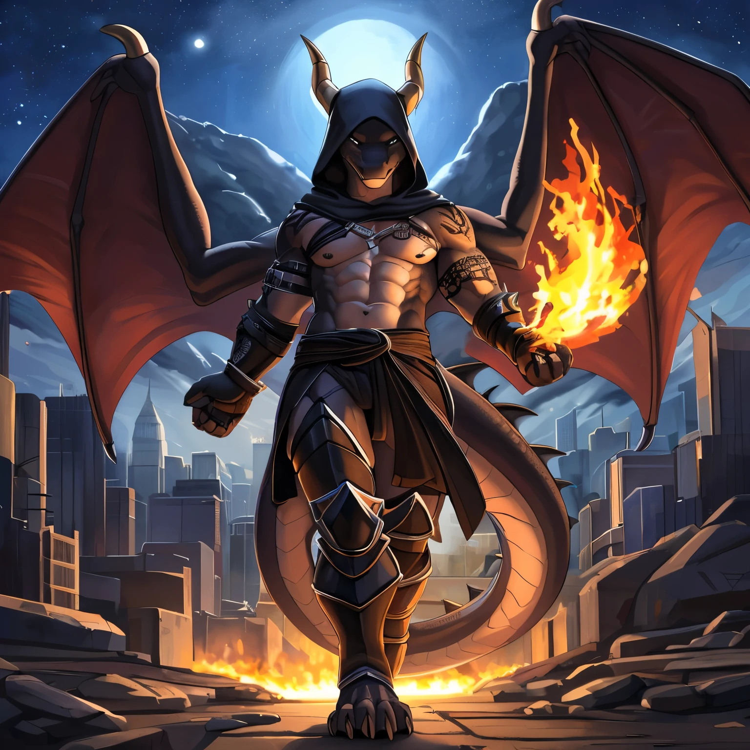 (masterpiece, best quality, high quality, highres:1.4), detailed, extremely detailed, bright lighting, 4K, (by ruaidri), yupa, kiyosan, (by meesh), (by fffffolder), (full body), (slim, athletic, dragon, ((black body)), smooth skin, athletic muscle, anthro legs, ((young)), (dragon feet), (toe claw), black spikes, (detailed eyes), dragon horn, ((dragon tail)), tail attached to waist, 1tail, ((dragon wings)), bare_shoulders, (clothing, handwear:(vambraces), bottomwear:([[leg armor]]))), beautiful, closed_mouth, ((serious_look, menacing)), covered in tattoos, has tattoos, tattoos covering the chest and arms, tattoo sleeves on both arms, flames coming off the skin, fire billowing off body, wearing a robe, has on a hood, night sky, giant in city