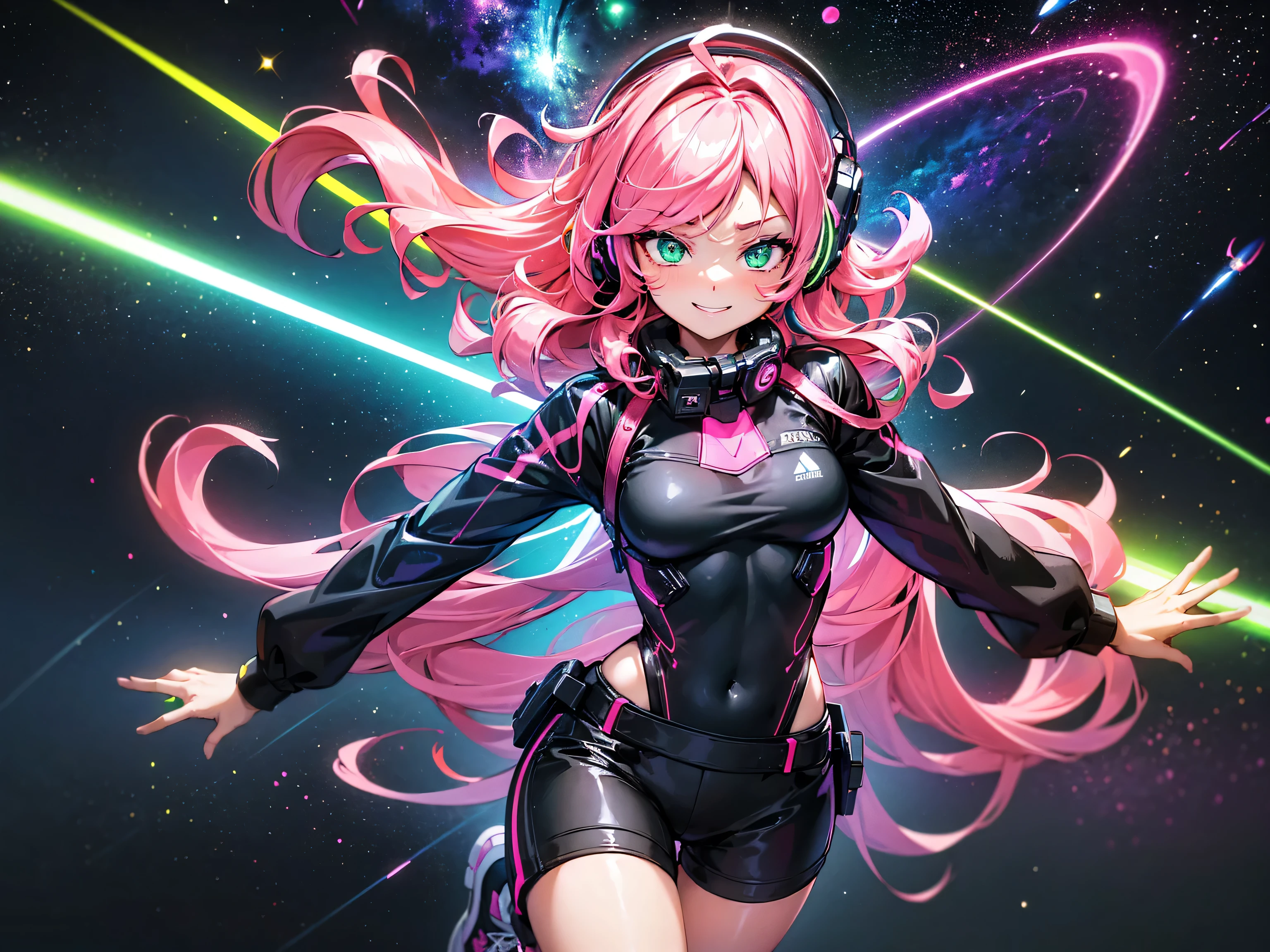 masterpiece:1.4, 1girl ((20year old, dressed in long sleeve shirt, tight black shorts, sneakers, ??????????????, multicolor pink hair, curly long hair, green eyes:1.4, Wearing headphones, happy, smiling, close up, floating in outer space:1.1 galaxy and earth in background:1.1, neon and energetic atmosphere:1.2)) ((nighttime)) ((solo:1.6))